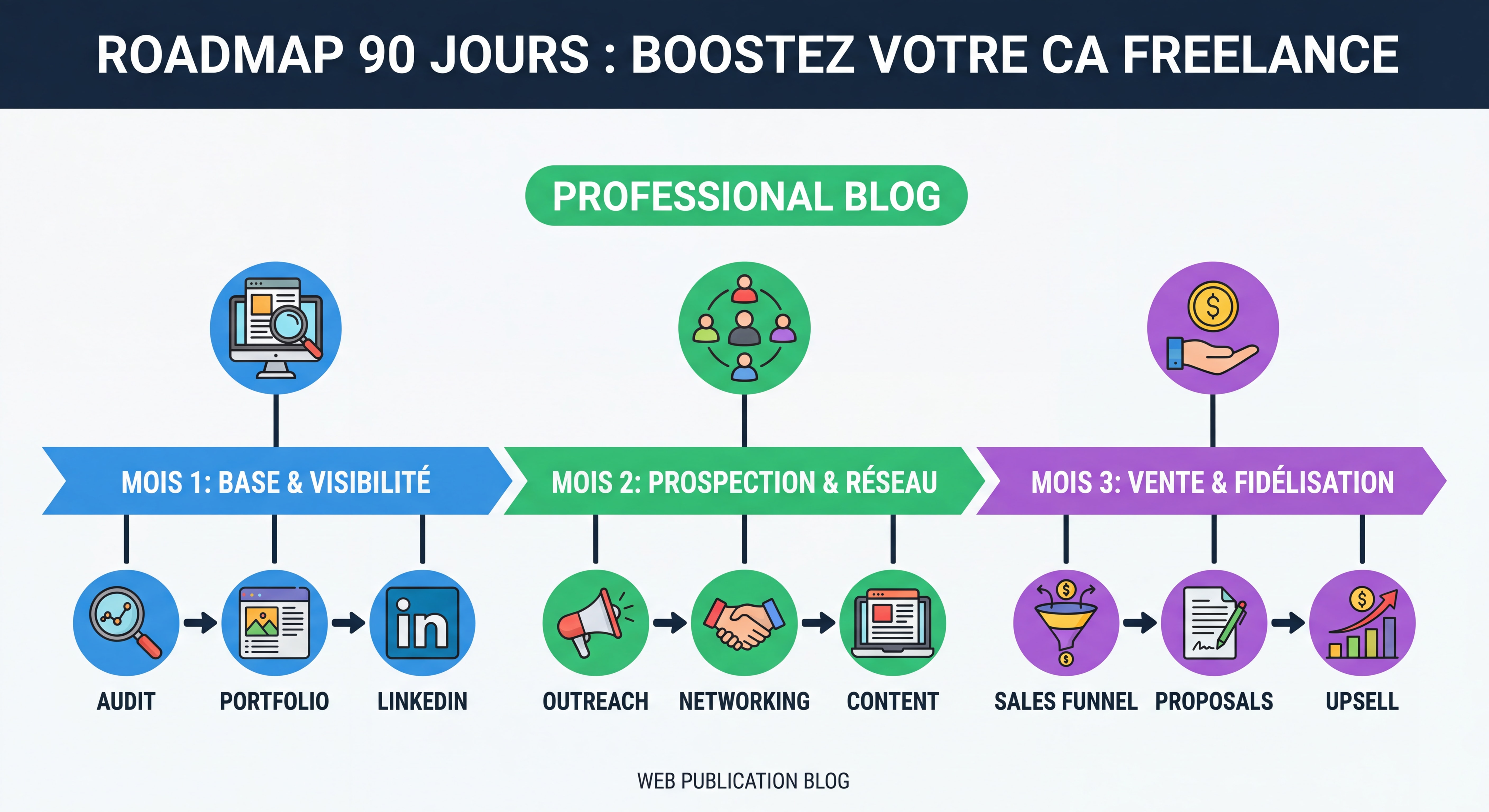 Infographie roadmap 90 jours pour augmenter son CA en freelance : timeline visuelle avec 3 phases mensuelles, étapes clés illustrées et icônes colorées
