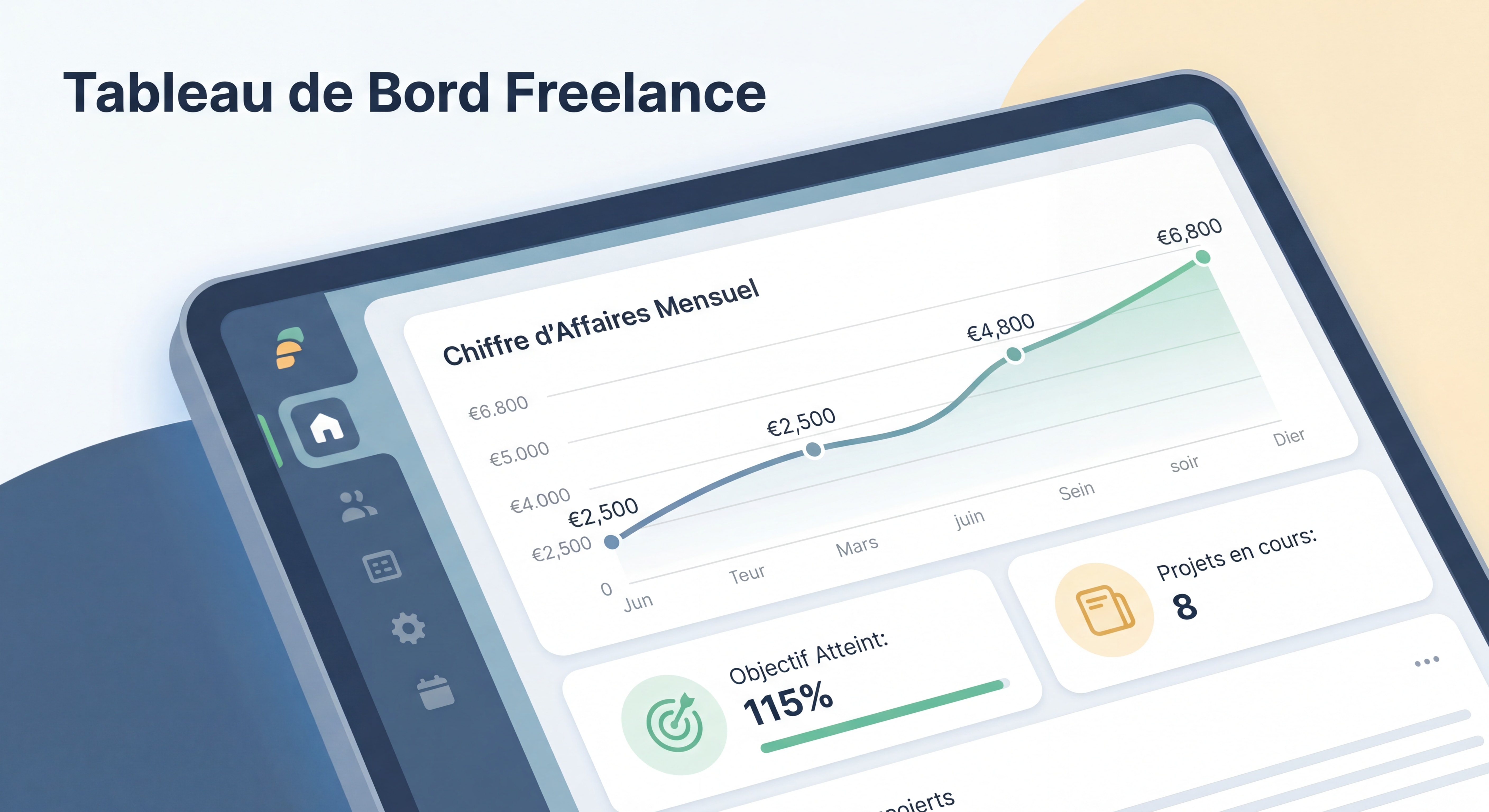 Dashboard d'outil de gestion freelance montrant un suivi de chiffre d'affaires en progression, interface moderne et épurée, données inspirantes avec courbe ascendante