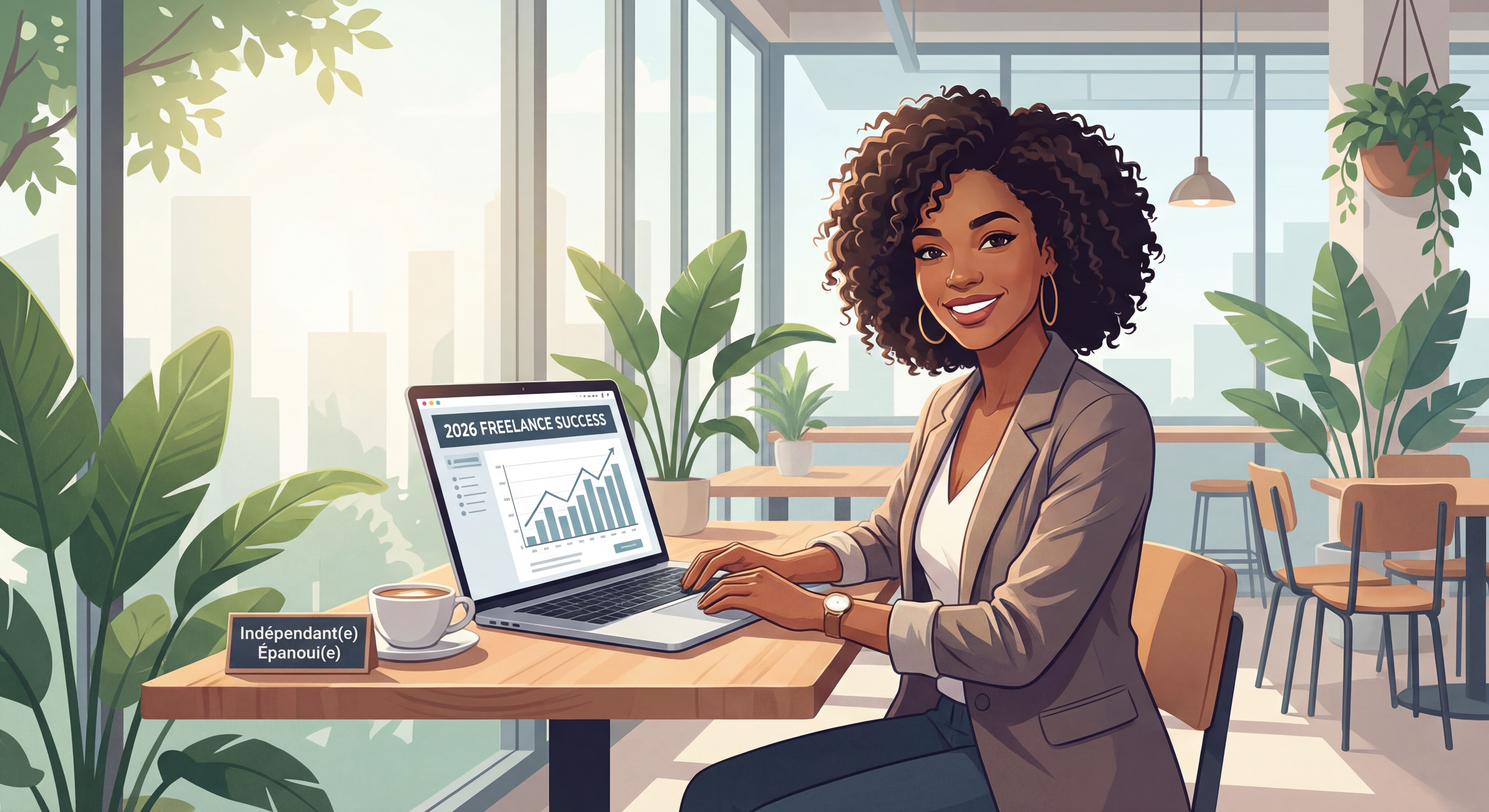 Indépendant(e) confiant(e) souriant devant un laptop dans un espace de travail moderne et lumineux, illustrant la réussite en freelance en 2026