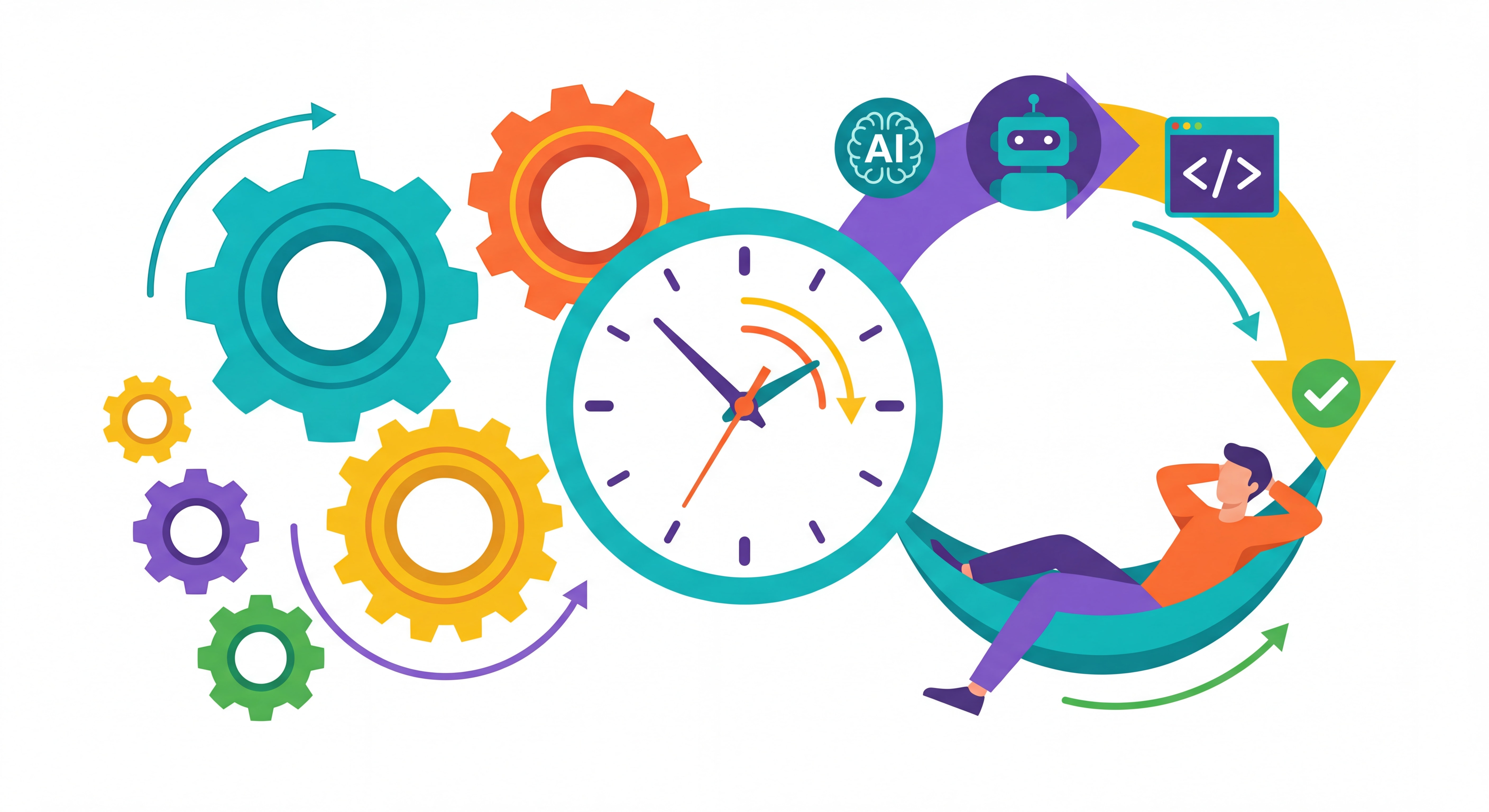Illustration flat design moderne représentant l'automation et le gain de temps : engrenages connectés, horloge, outils IA, couleurs vives et professionnelles