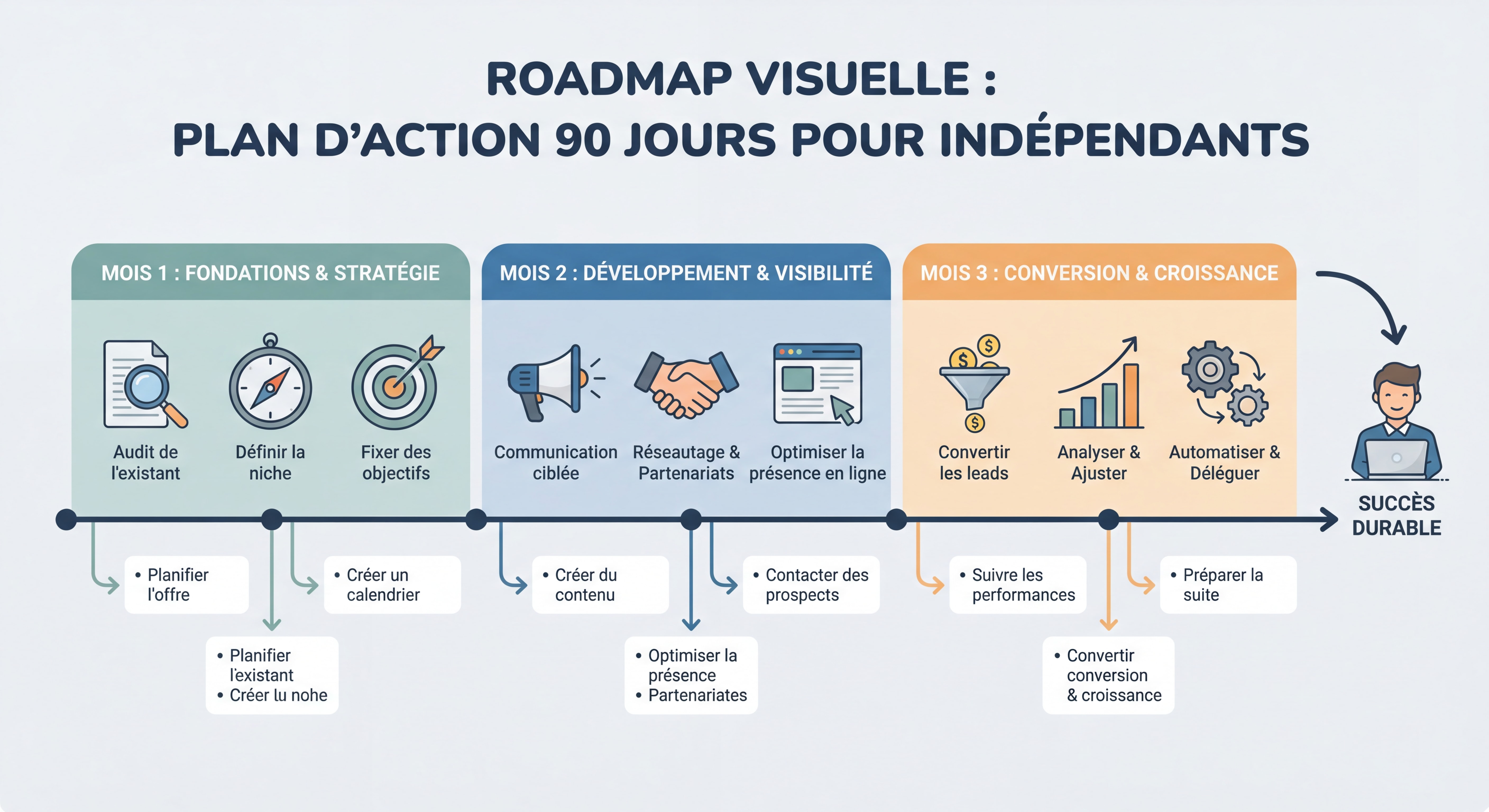 Roadmap visuelle plan d'action 90 jours pour indépendants — timeline horizontale avec 3 mois, étapes clés illustrées, design infographie simple et actionnable, couleurs professionnelles