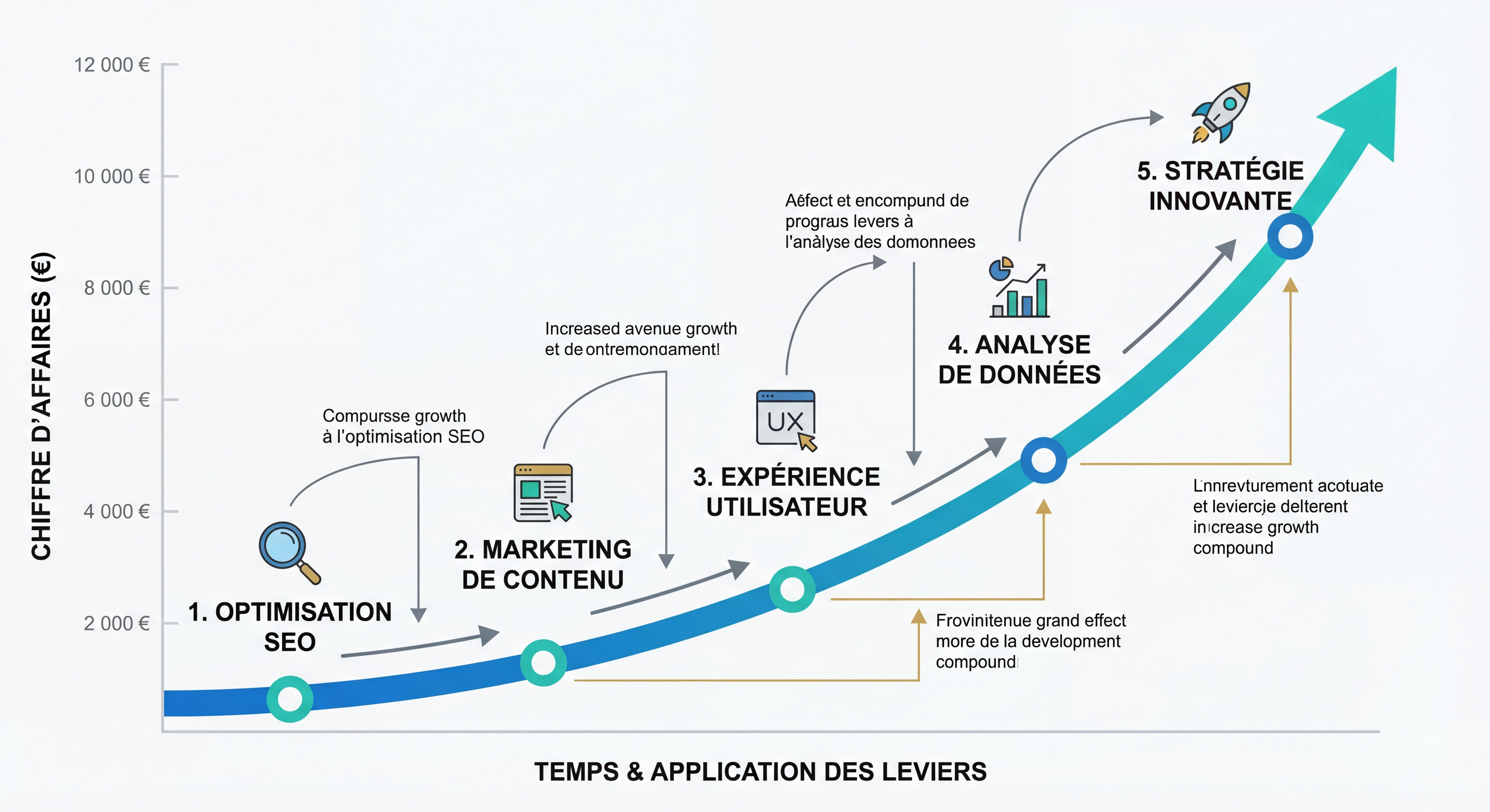 Infographie montrant une courbe ascendante de chiffre d'affaires avec les 5 leviers appliqués progressivement, design data visualization moderne, couleurs professionnelles