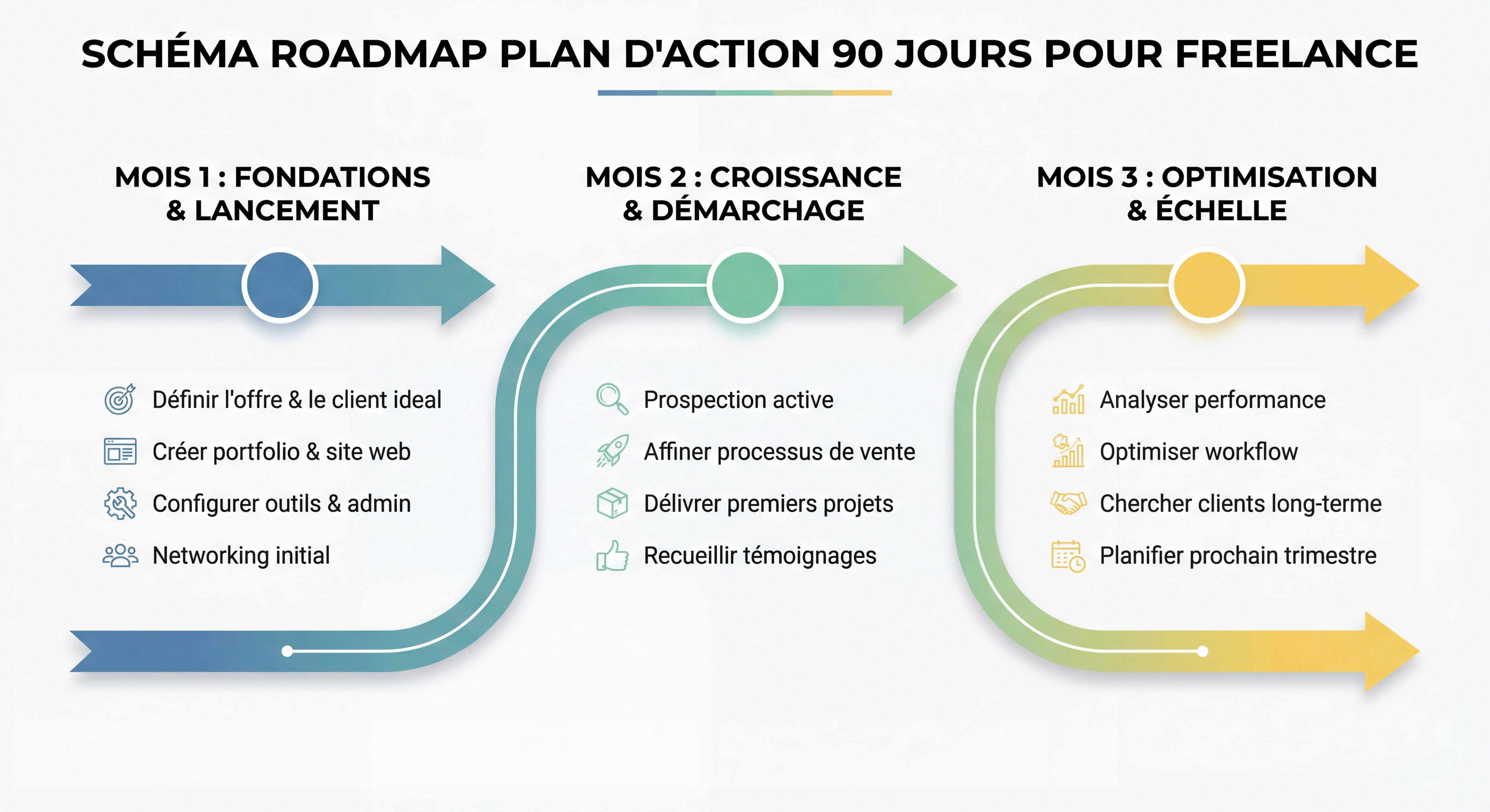 Schéma roadmap plan d'action 90 jours pour freelance, timeline visuelle avec étapes clés mois 1, 2 et 3, design infographie épuré et actionnable