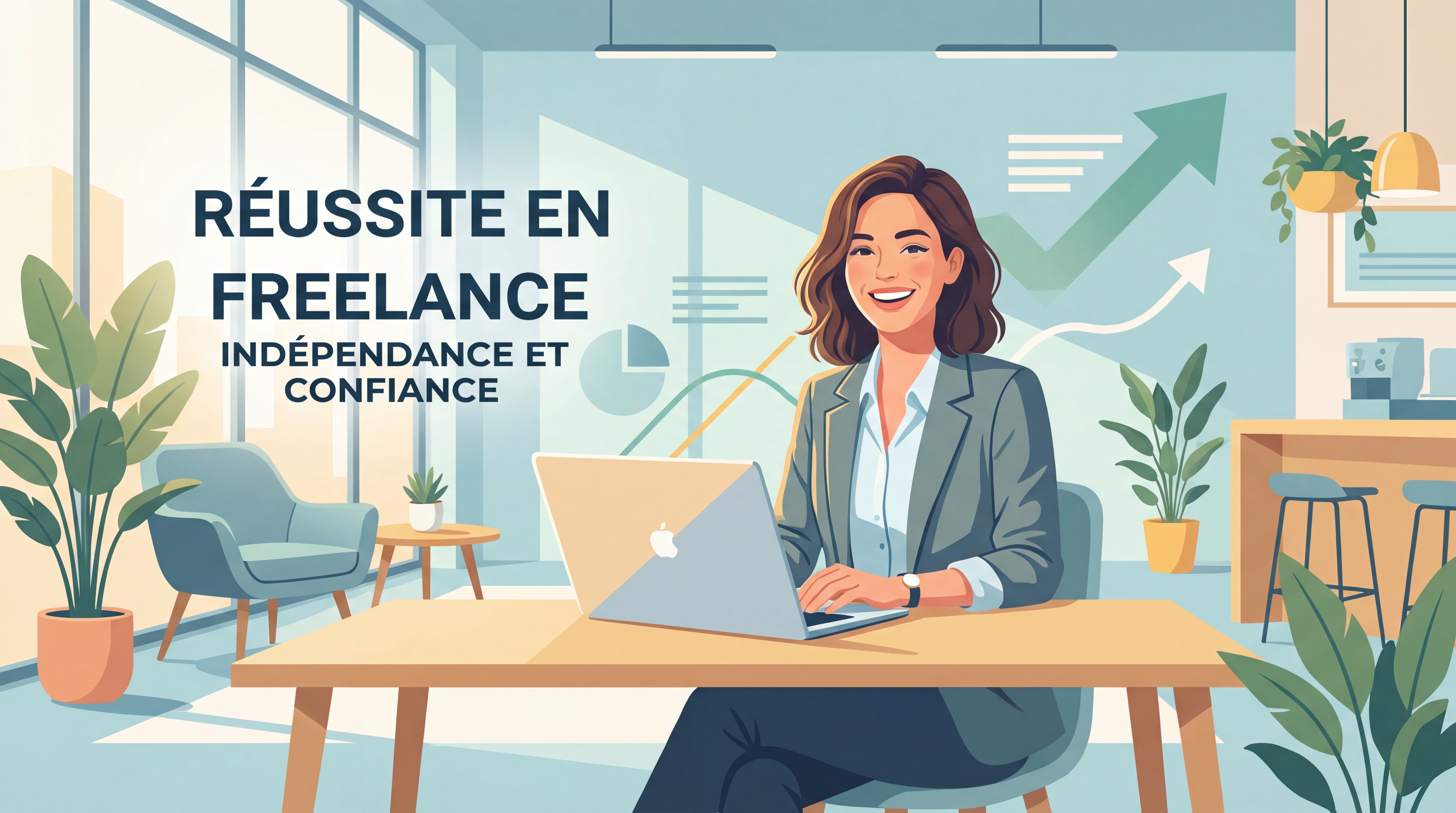 Indépendant(e) confiant(e) souriant(e) devant un laptop dans un espace de travail moderne et lumineux, symbolisant la réussite en freelance
