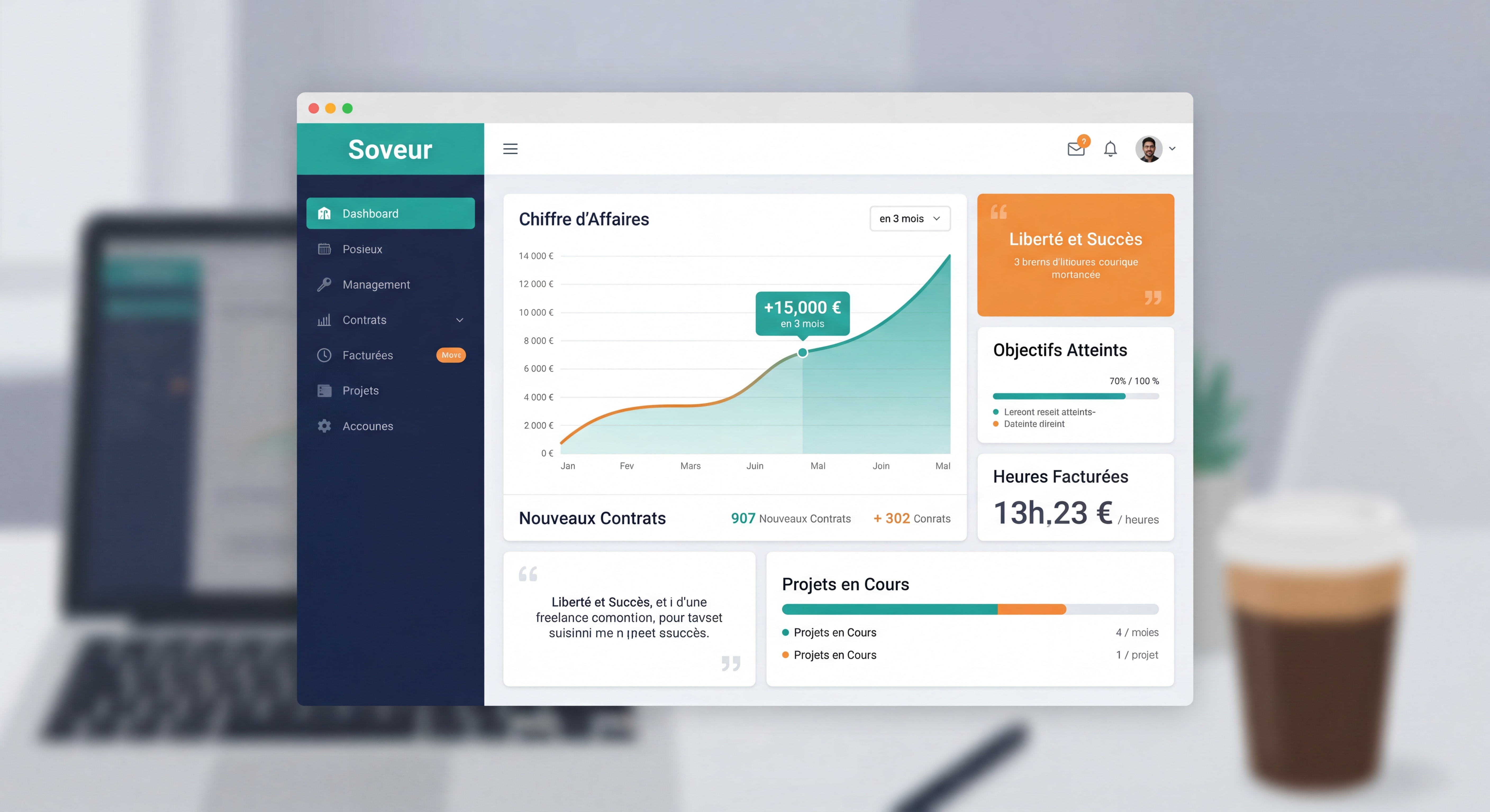 Dashboard d'outil de gestion freelance type Soveur montrant suivi du chiffre d'affaires, interface moderne et épurée avec données inspirantes et graphiques de progression