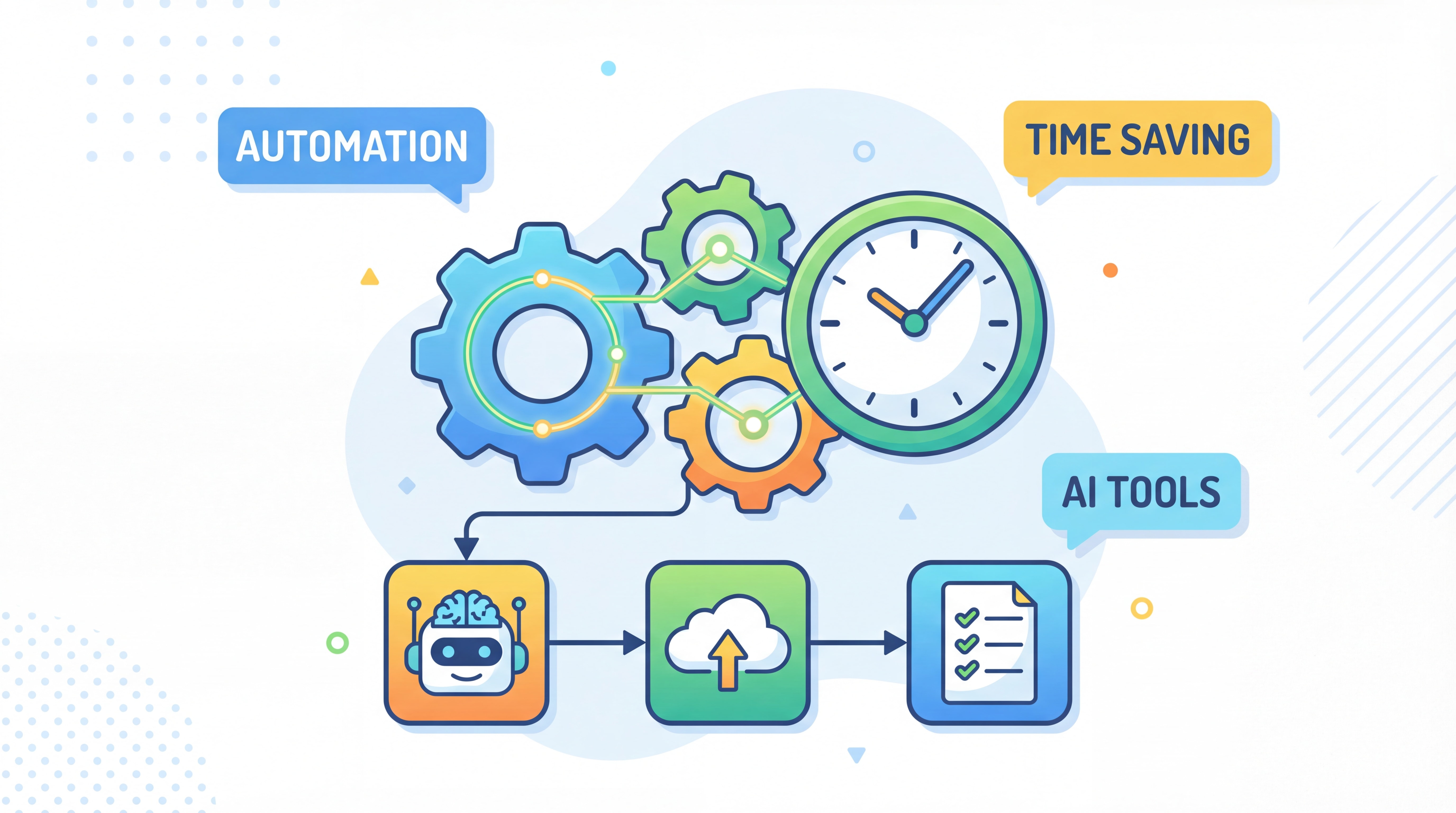Illustration flat design moderne représentant l'automatisation et le gain de temps — engrenages connectés, horloge, outils IA, flux de travail automatisés, couleurs vives et épurées