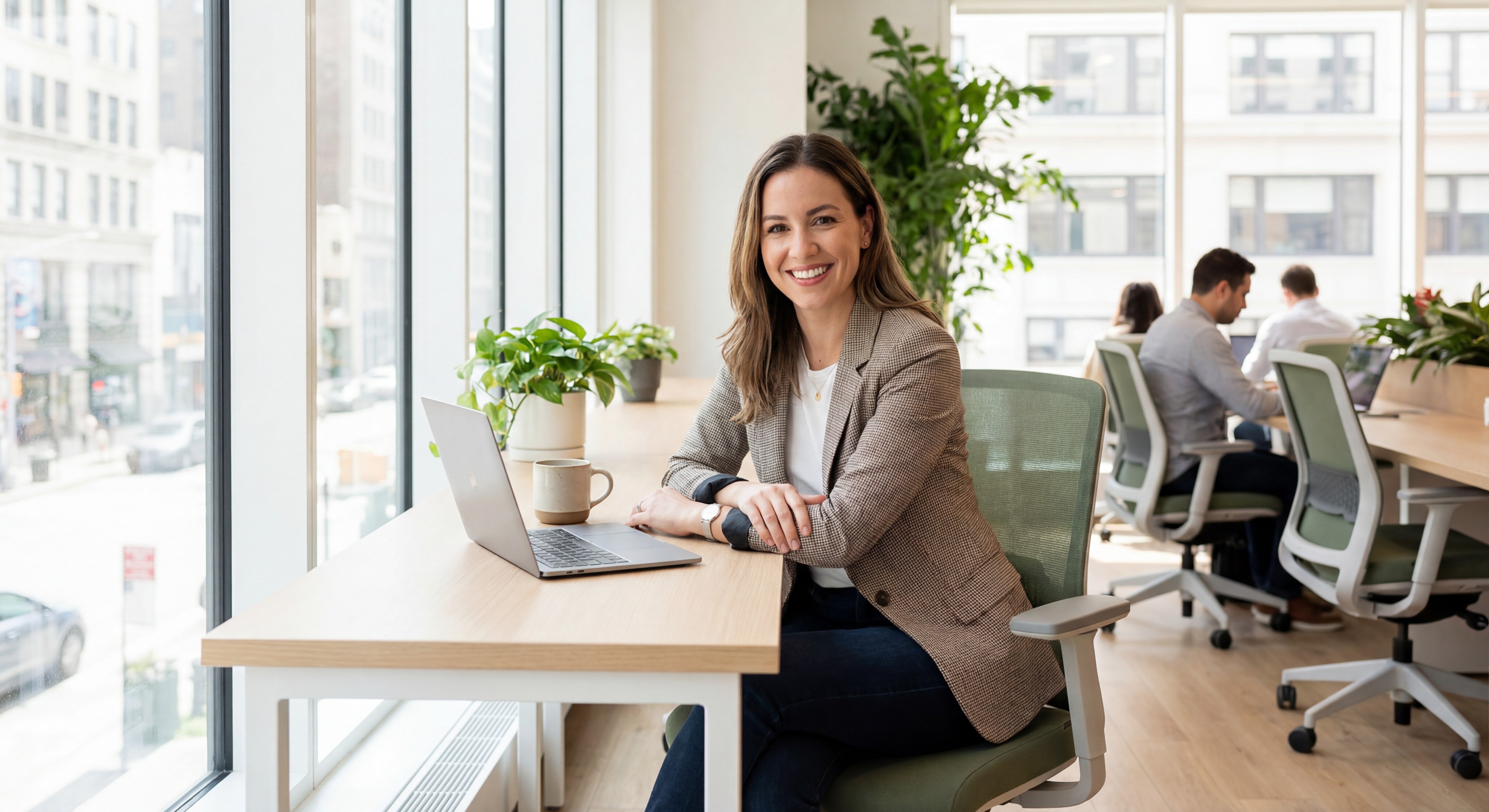 Indépendant(e) confiant(e) souriant(e) devant un laptop dans un espace de coworking moderne, posture assurée, lumière naturelle, bureau épuré