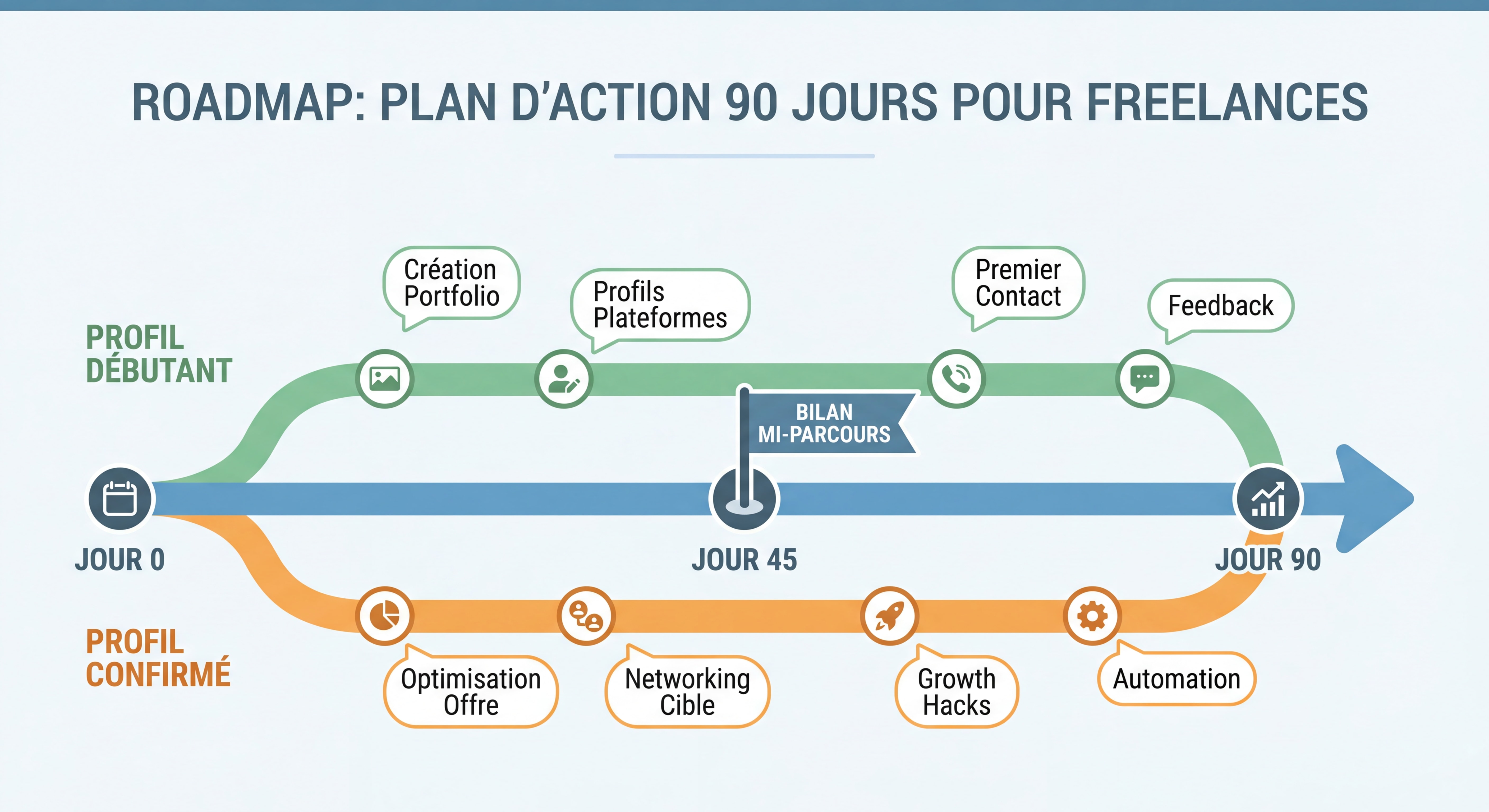 Roadmap visuelle plan d'action 90 jours pour freelances avec timeline et étapes clés par profil débutant confirmé établi