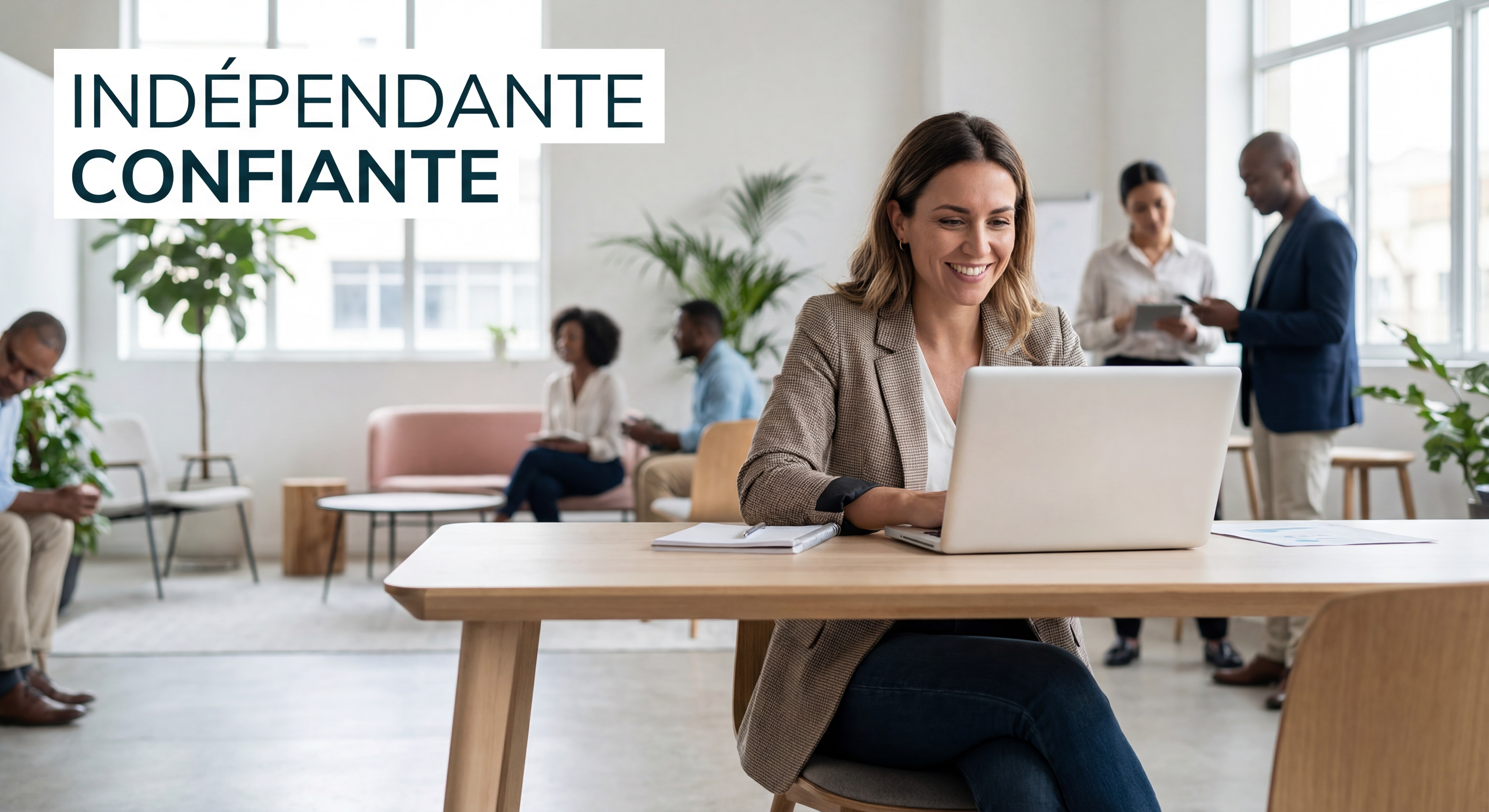 Indépendante confiante travaillant sur son laptop dans un espace de coworking moderne et lumineux, sourire, posture assurée, bureau épuré