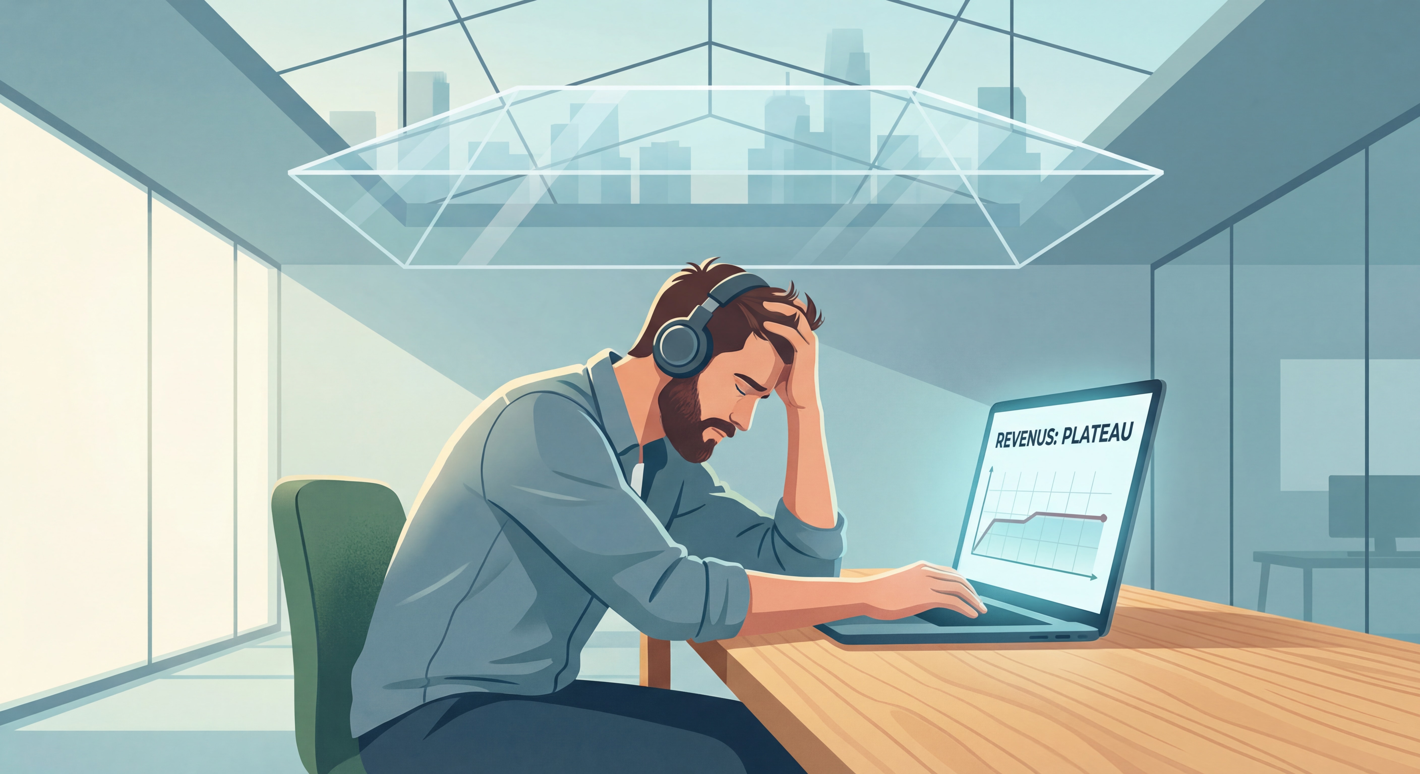 Freelance indépendant frustré face à son ordinateur portable dans un bureau moderne, regardant ses revenus stagner — illustration du plafond de verre freelance