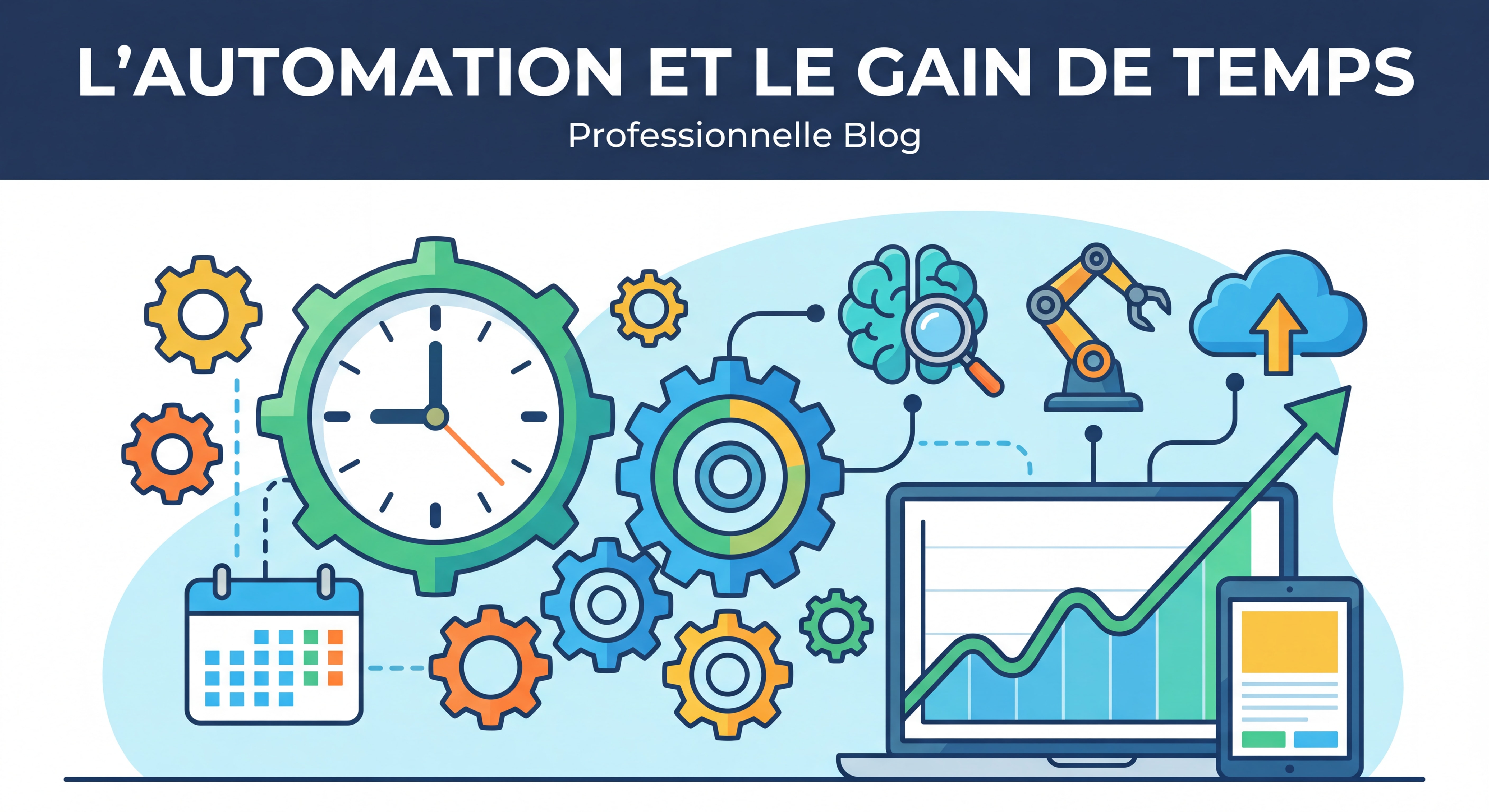 Illustration flat design moderne représentant l'automation et le gain de temps, engrenages connectés, horloge, outils IA, palette de couleurs vives et professionnelles