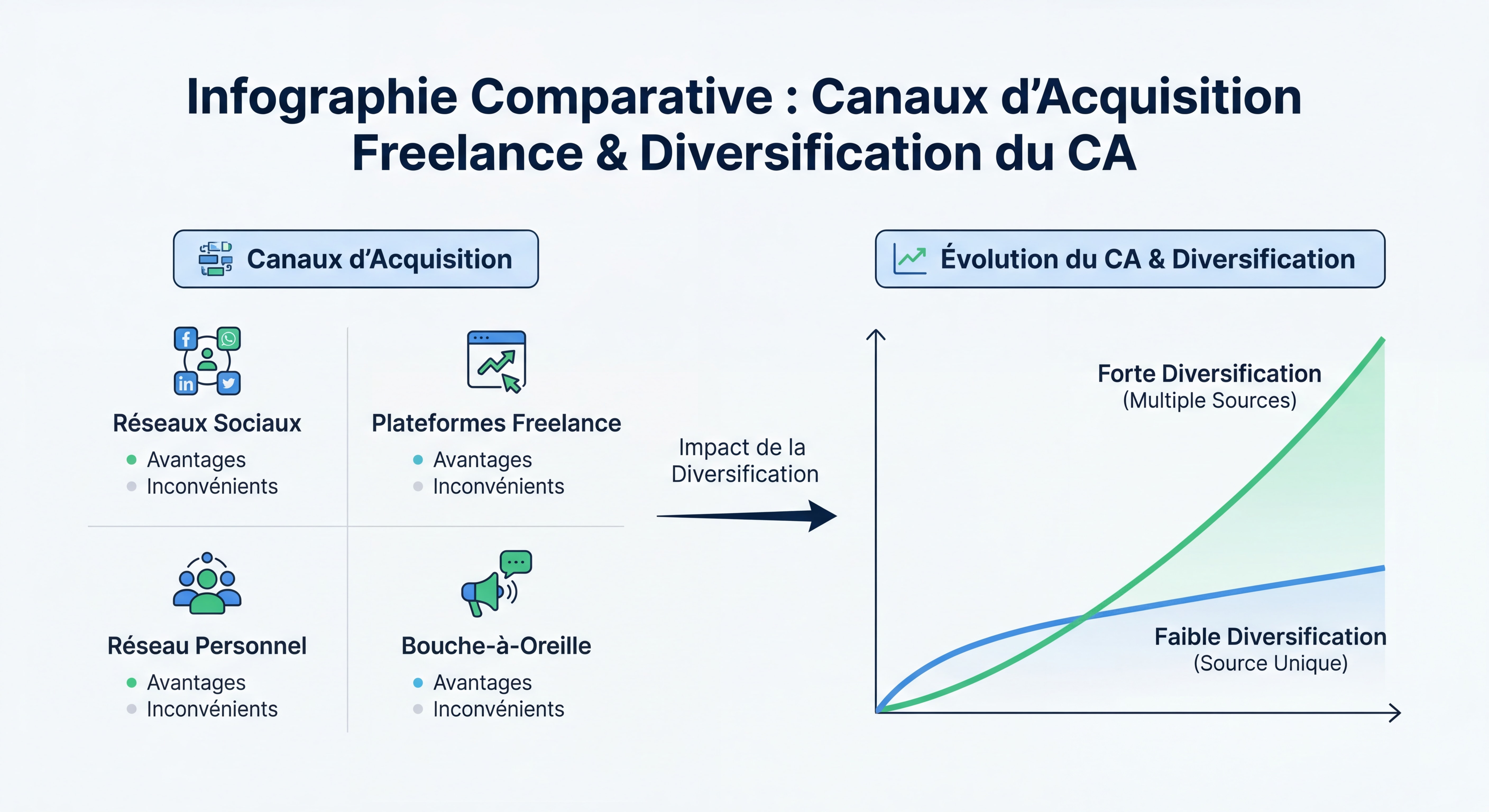 Infographie comparative des canaux d'acquisition freelance avec courbe d'évolution du CA selon la diversification des sources clients