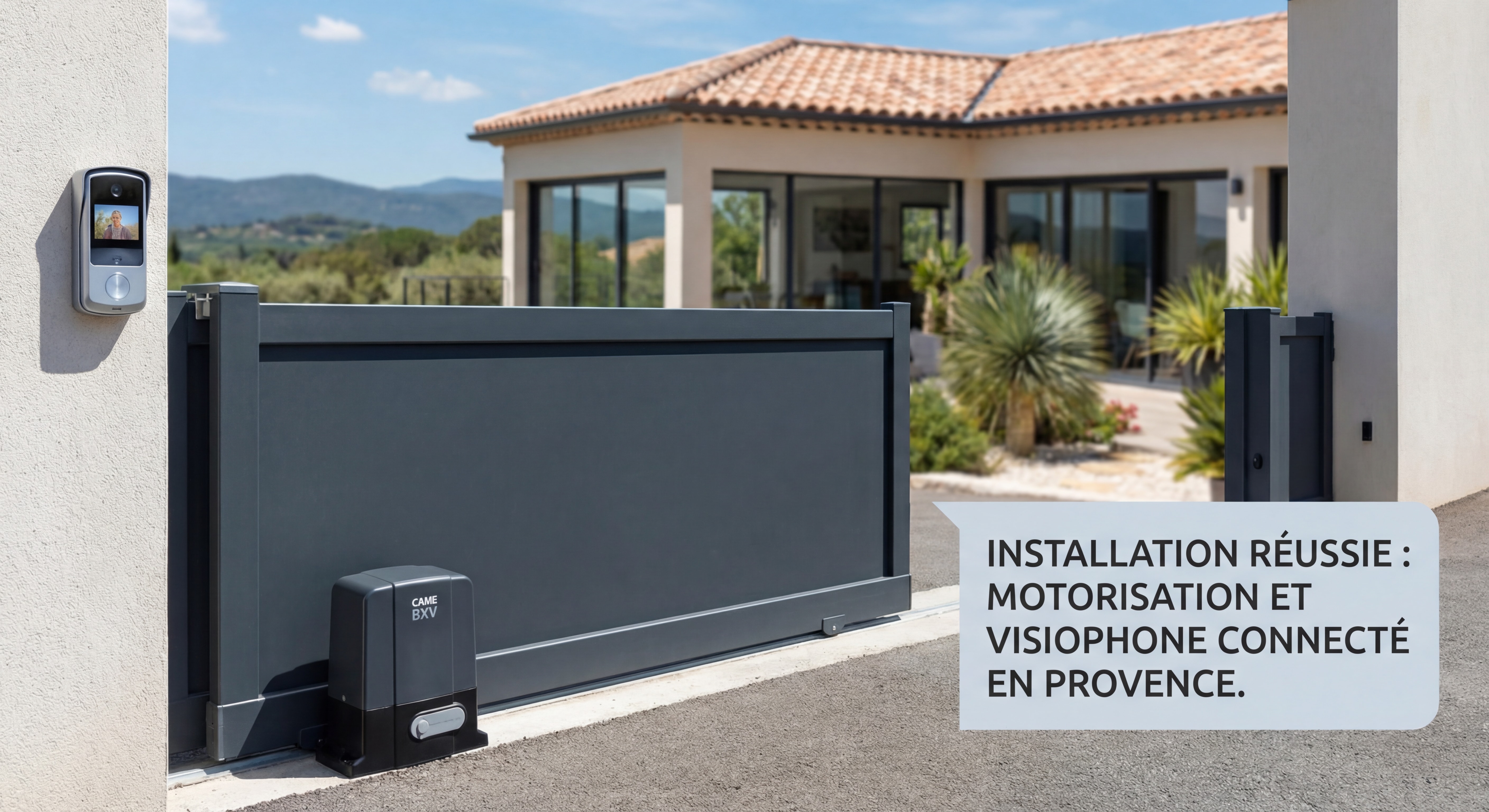 Motorisation CAME BXV installée sur portail coulissant aluminium avec visiophone connecté, maison contemporaine région PACA