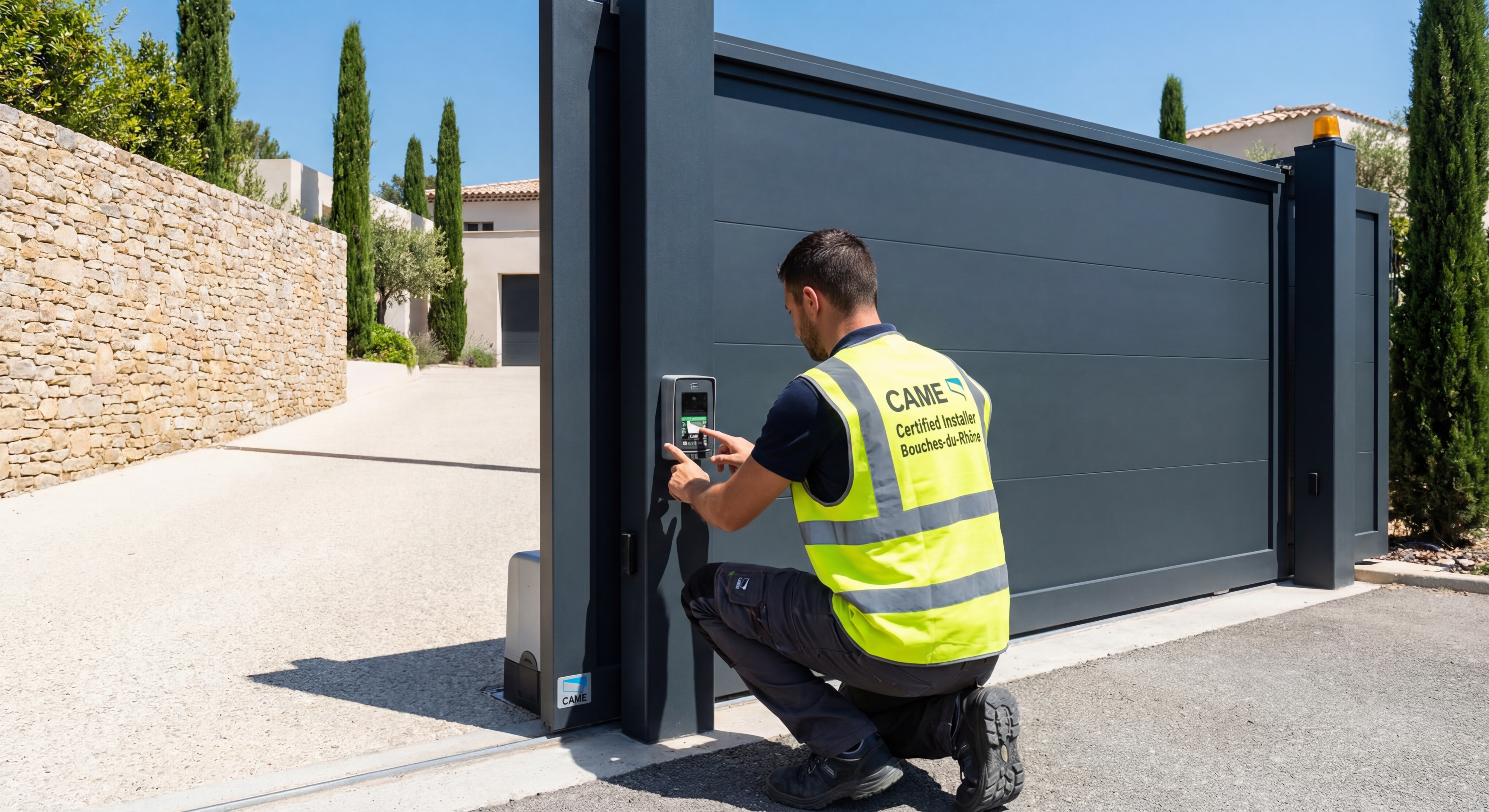 Installateur professionnel CAME certifié Bouches-du-Rhône effectuant les réglages de sécurité sur motorisation portail coulissant aluminium sur mesure