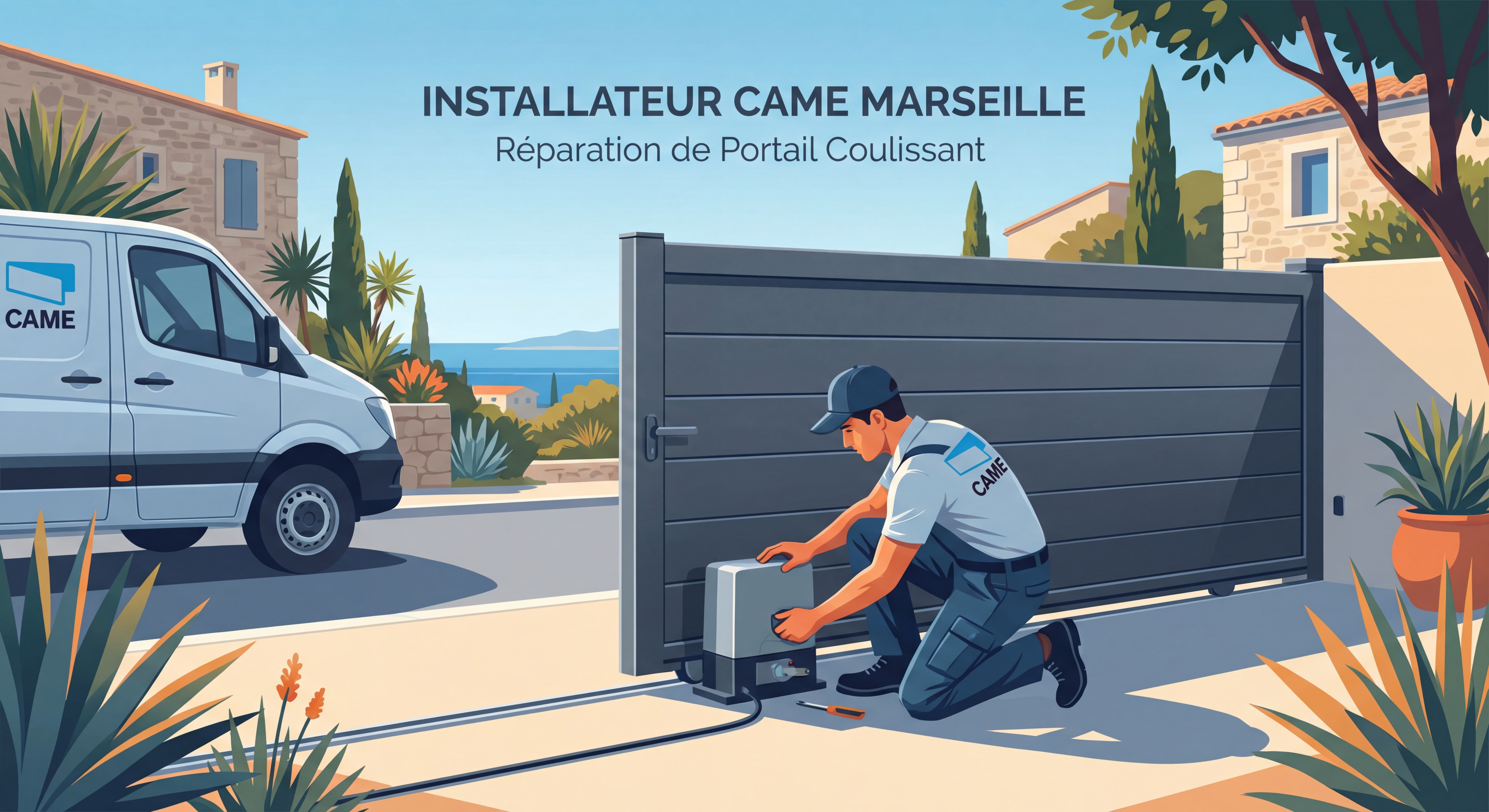 Technicien installateur CAME réparant un portail coulissant aluminium à Marseille, Bouches-du-Rhône