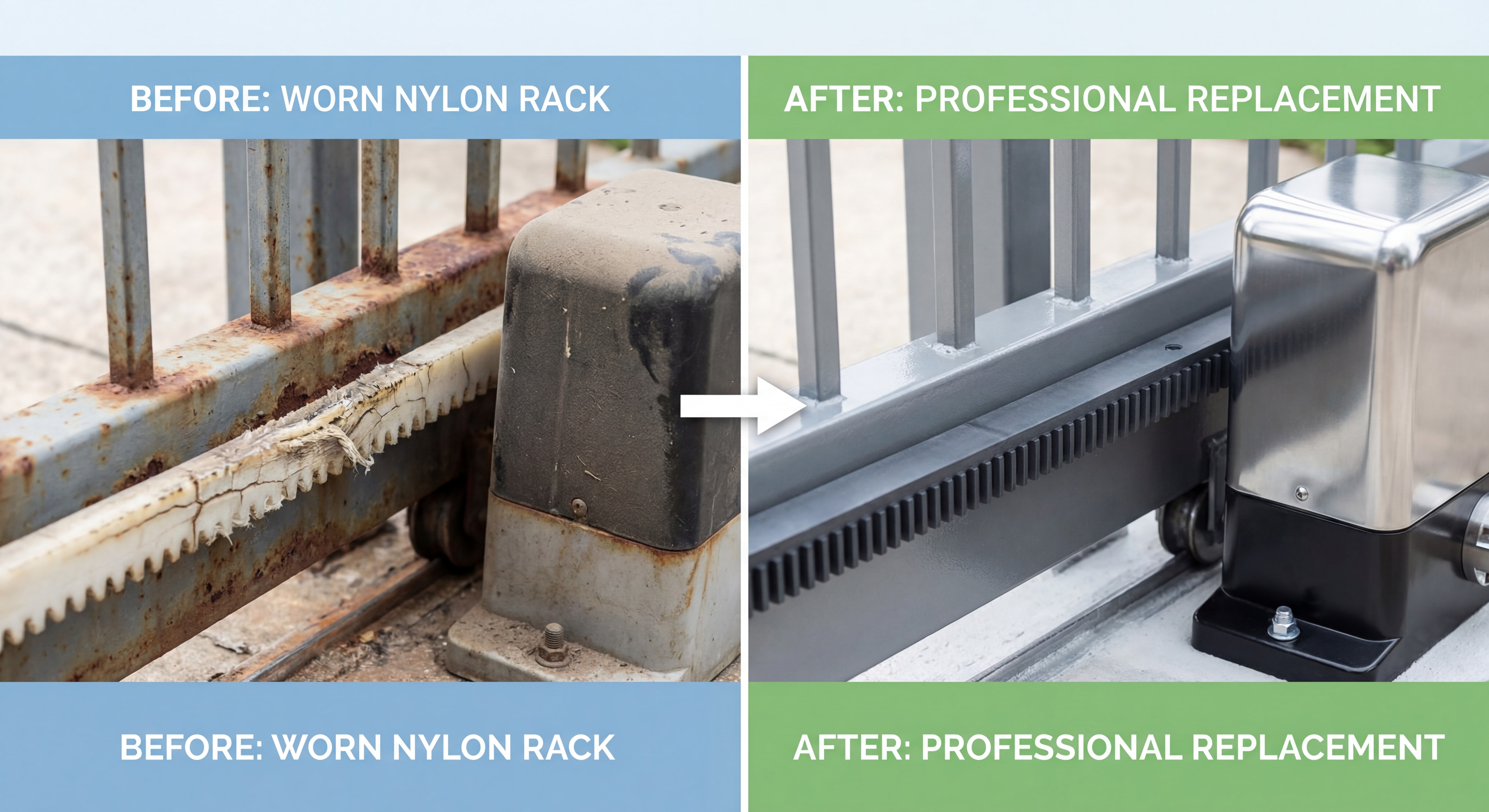 Crémaillère nylon usée sur portail coulissant motorisé, comparaison avant après remplacement professionnel