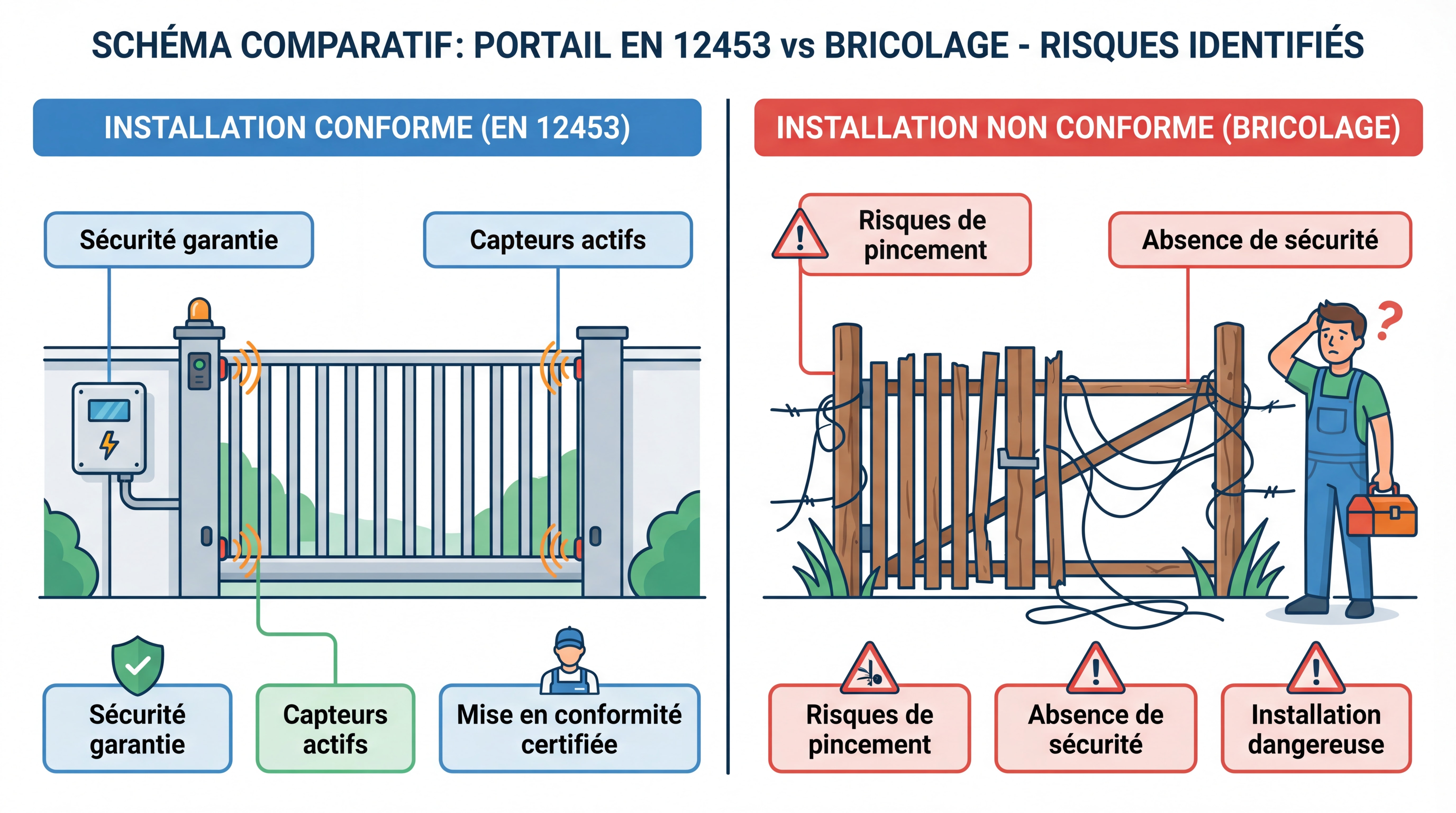 Schéma comparatif installation portail conforme norme EN 12453 versus installation bricolage non conforme, risques identifiés