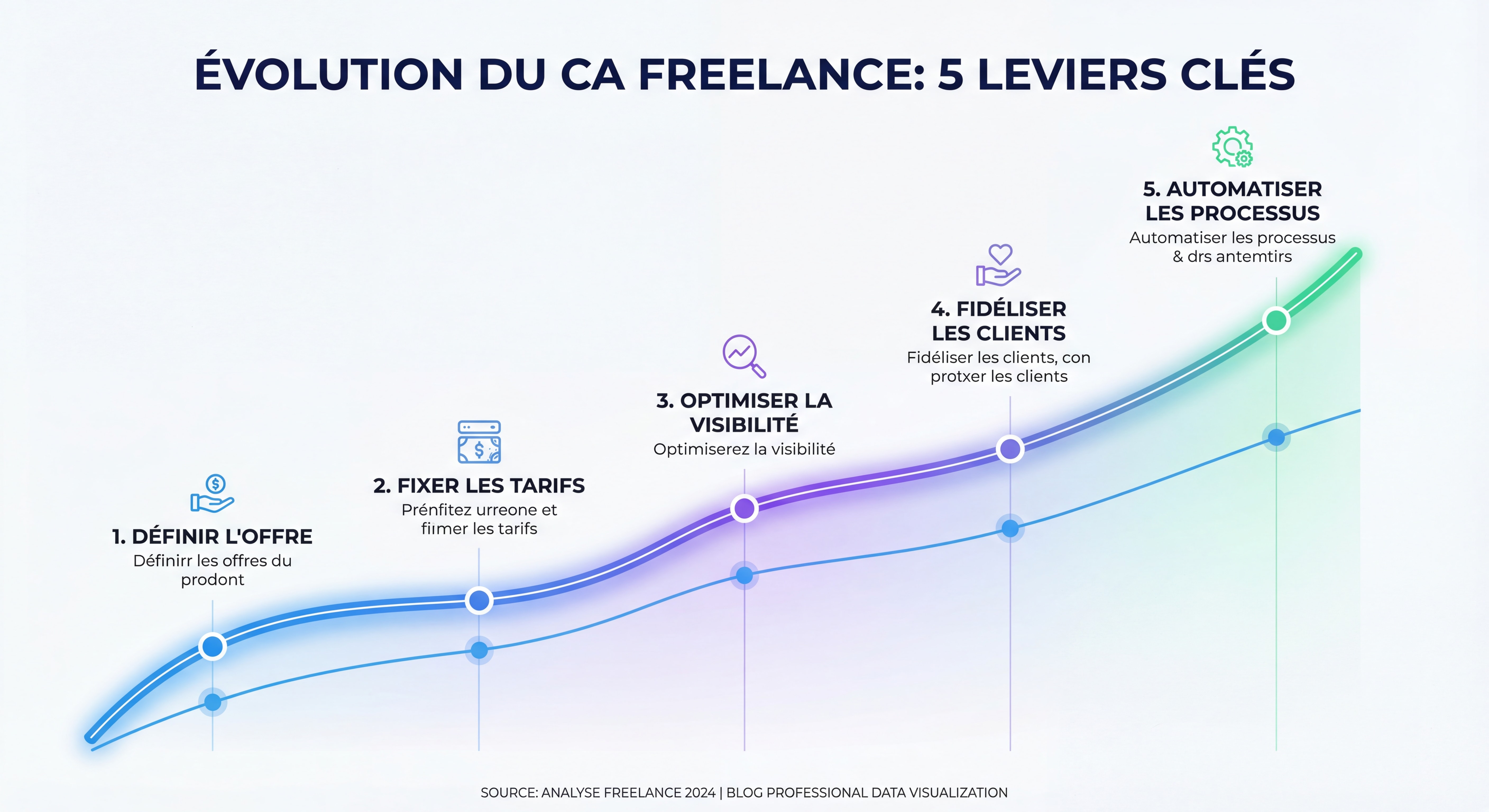 Infographie montrant l'évolution du CA d'un freelance avec application progressive des 5 leviers — courbe ascendante avec jalons, design moderne data visualization