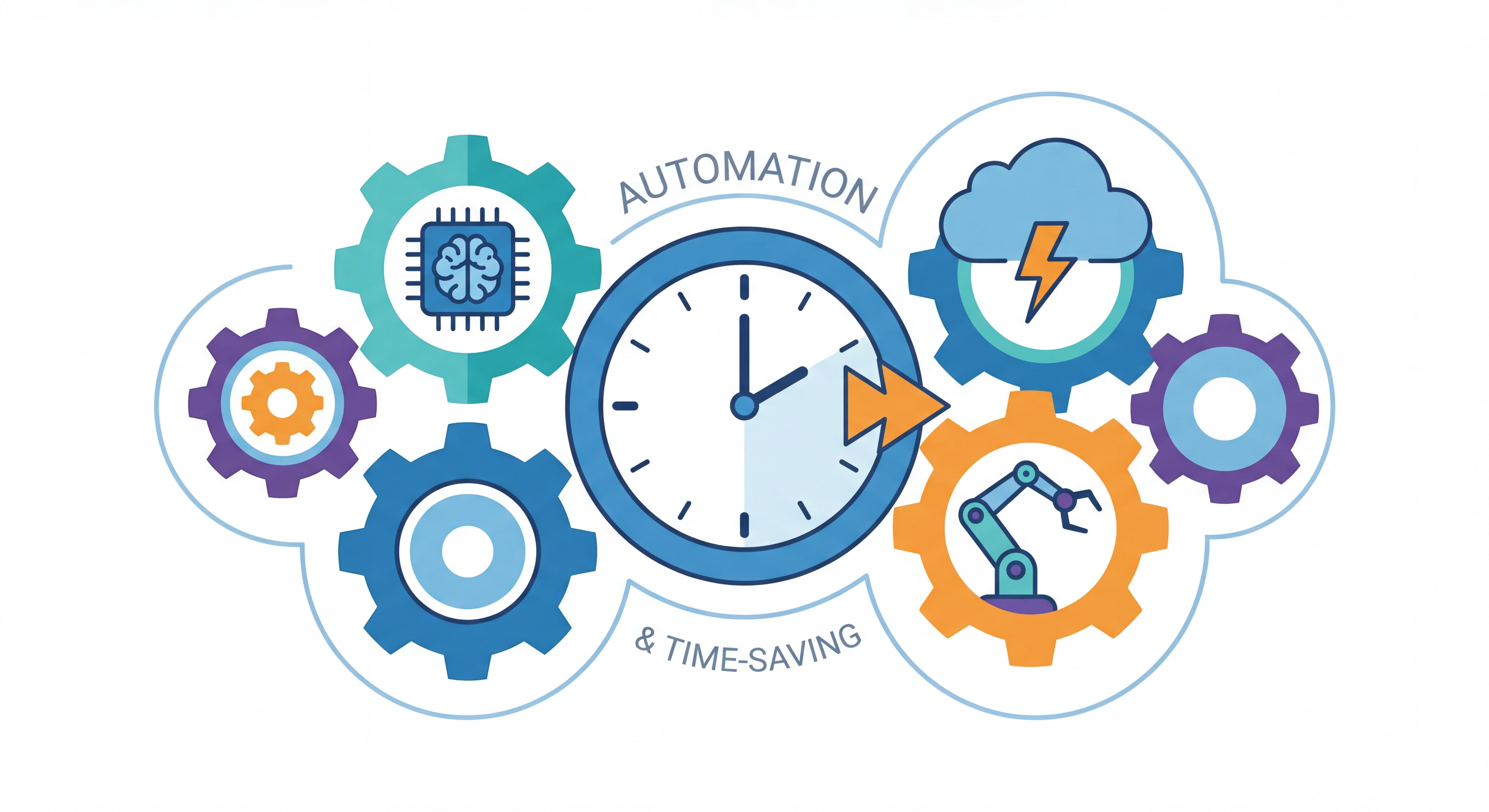 Illustration flat design représentant l'automation et le gain de temps — engrenages connectés, horloge, outils IA, design épuré et couleurs vives professionnelles