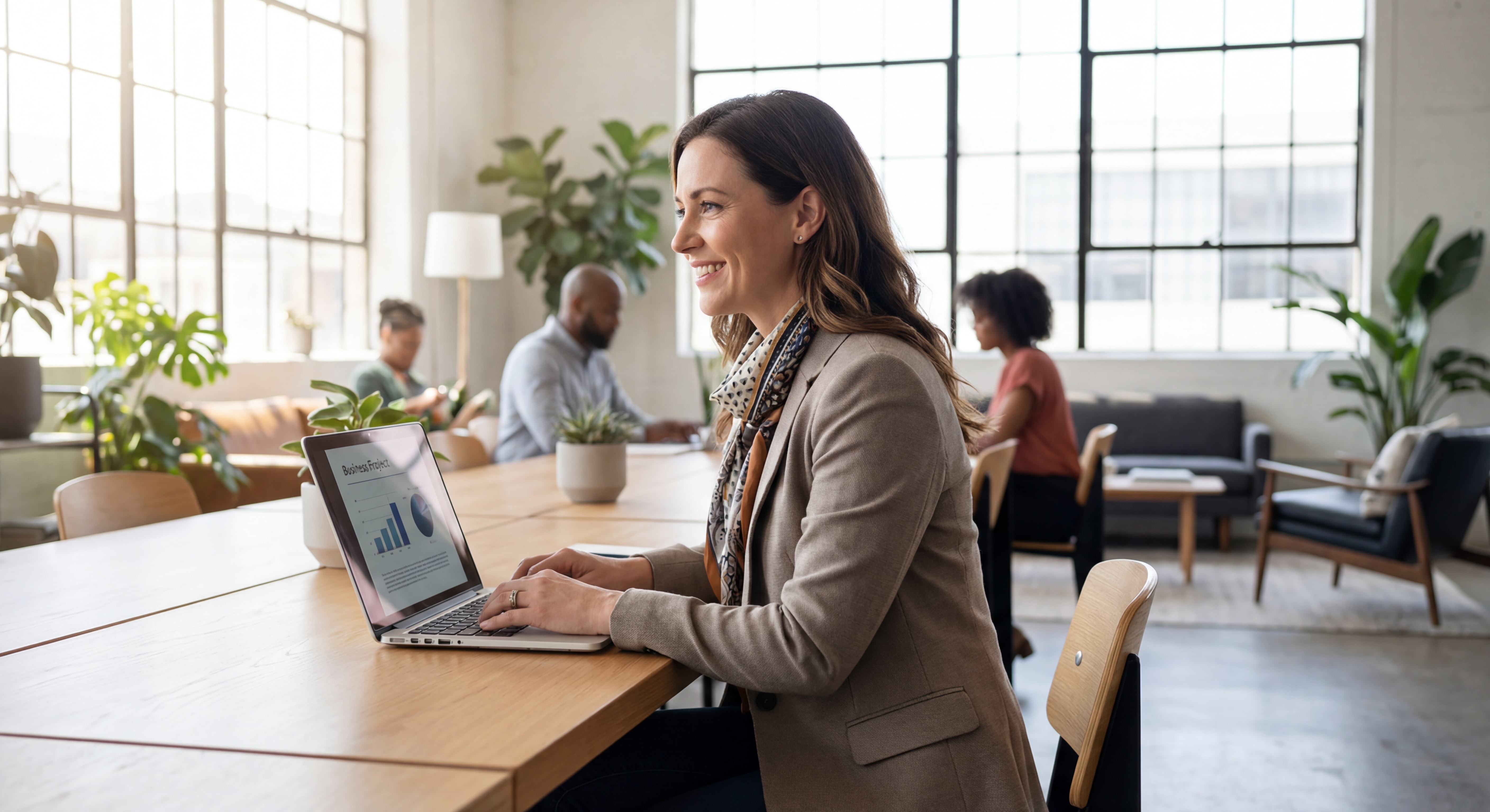 Indépendant(e) confiant(e) travaillant sur son laptop dans un espace de coworking moderne, souriant, posture déterminée, lumière naturelle