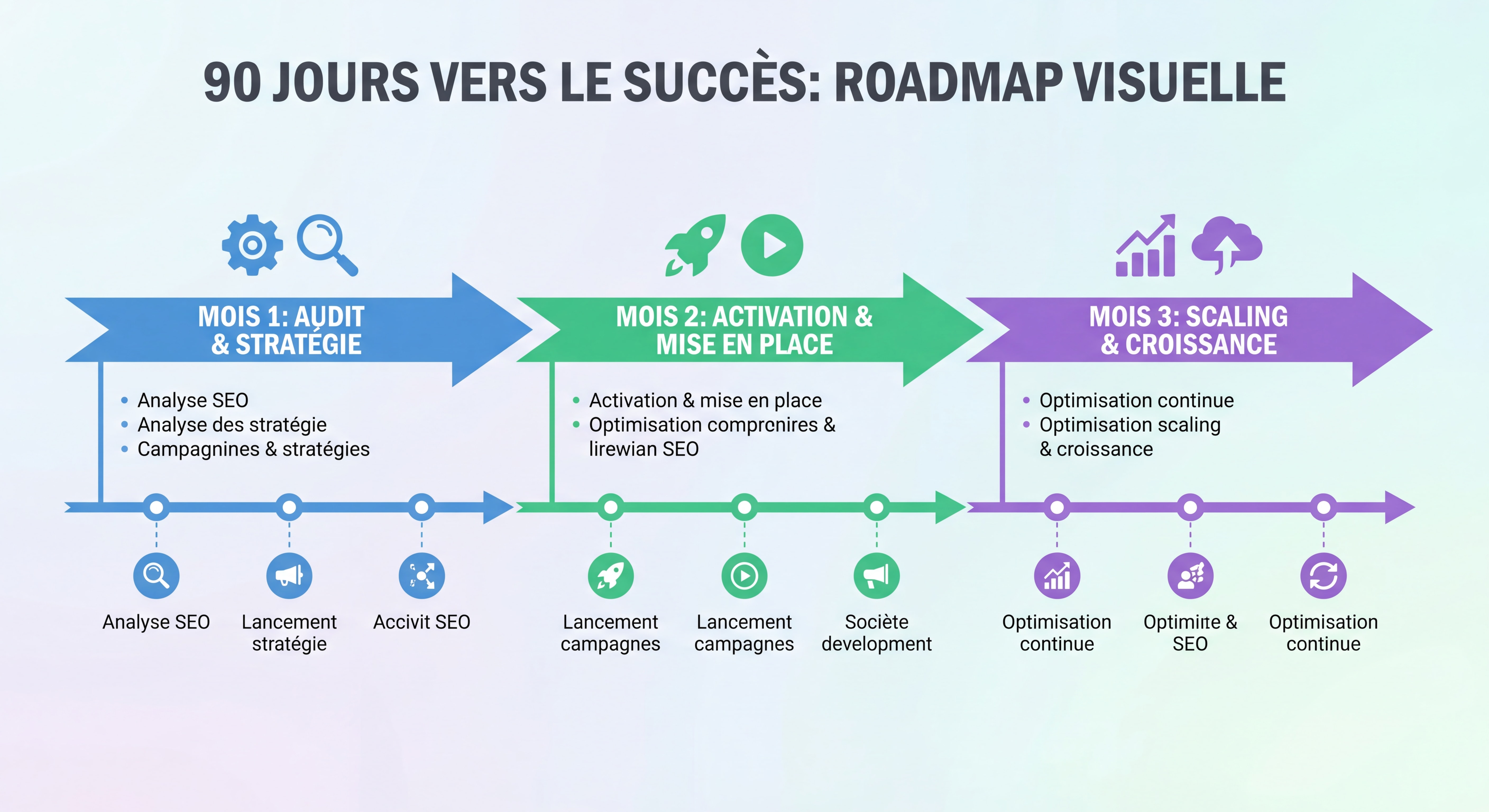 Roadmap visuelle 90 jours en timeline horizontale avec 3 phases colorées — Mois 1 Audit, Mois 2 Activation, Mois 3 Scaling — style infographie épurée et professionnelle