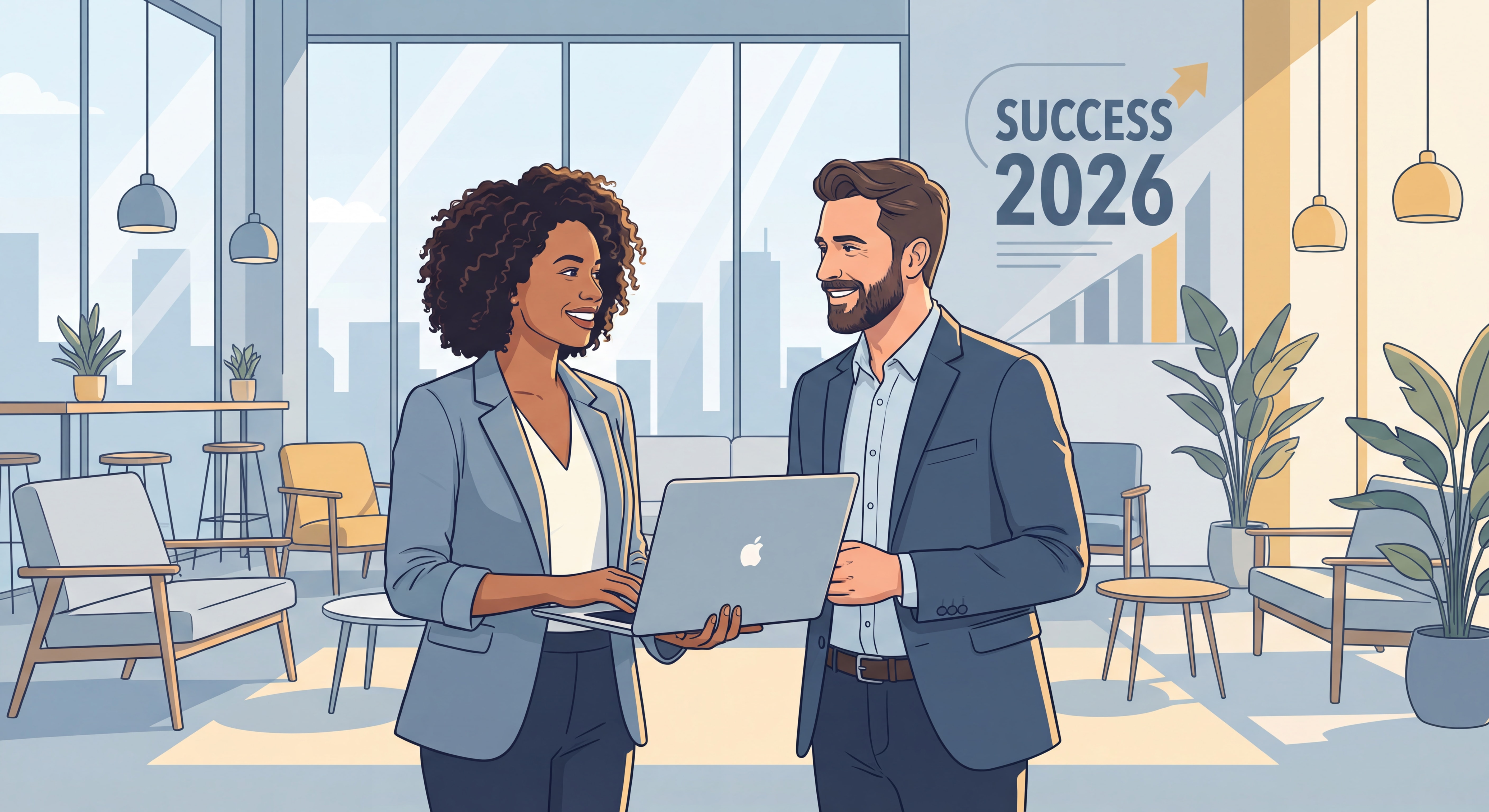 Indépendant(e) confiant(e) souriant devant un laptop dans un espace de travail moderne et lumineux, symbolisant la réussite freelance en 2026