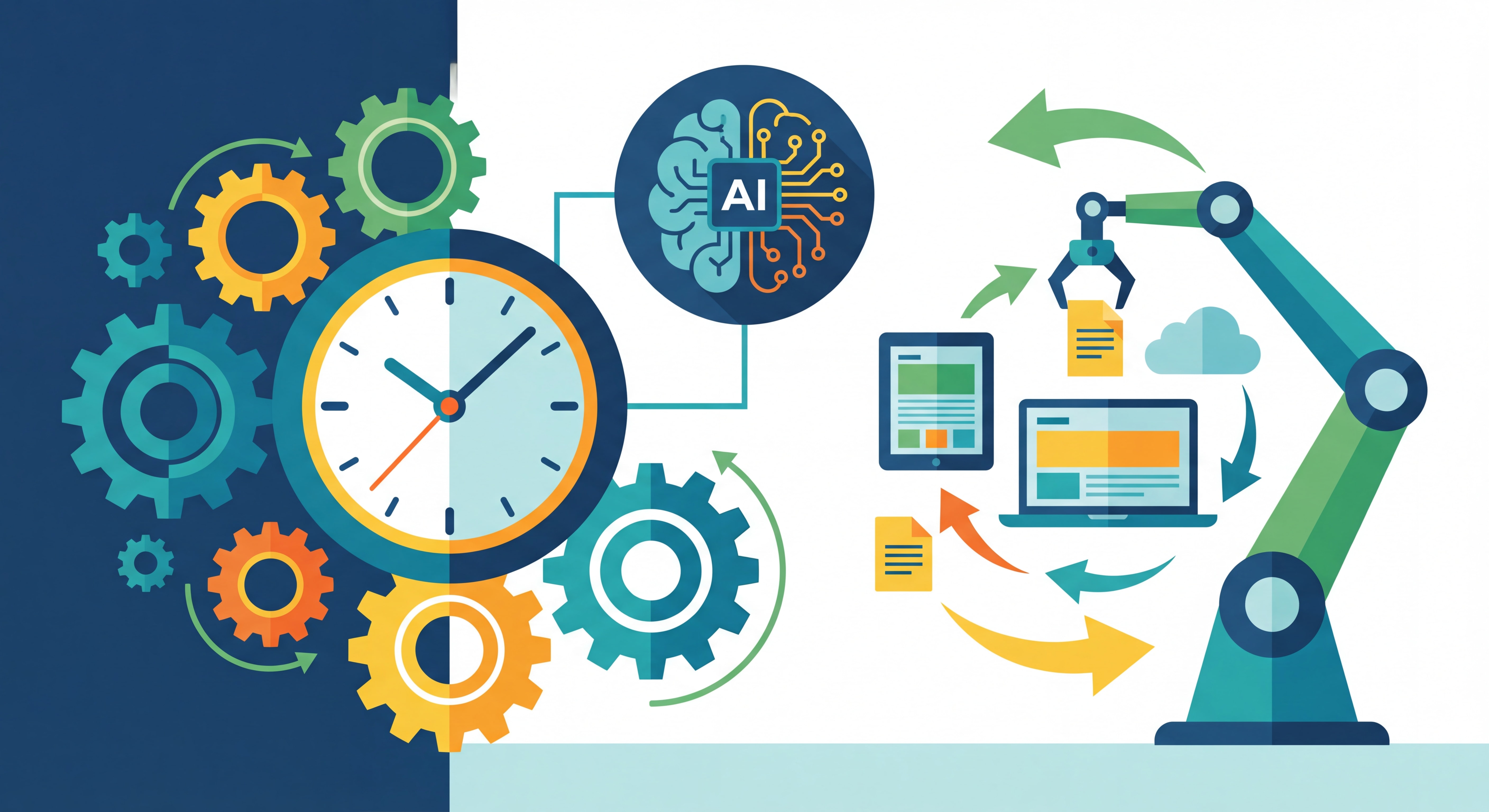 Illustration flat design moderne représentant l'automation et le gain de temps — engrenages connectés, horloge, IA et outils numériques en couleurs vives professionnelles