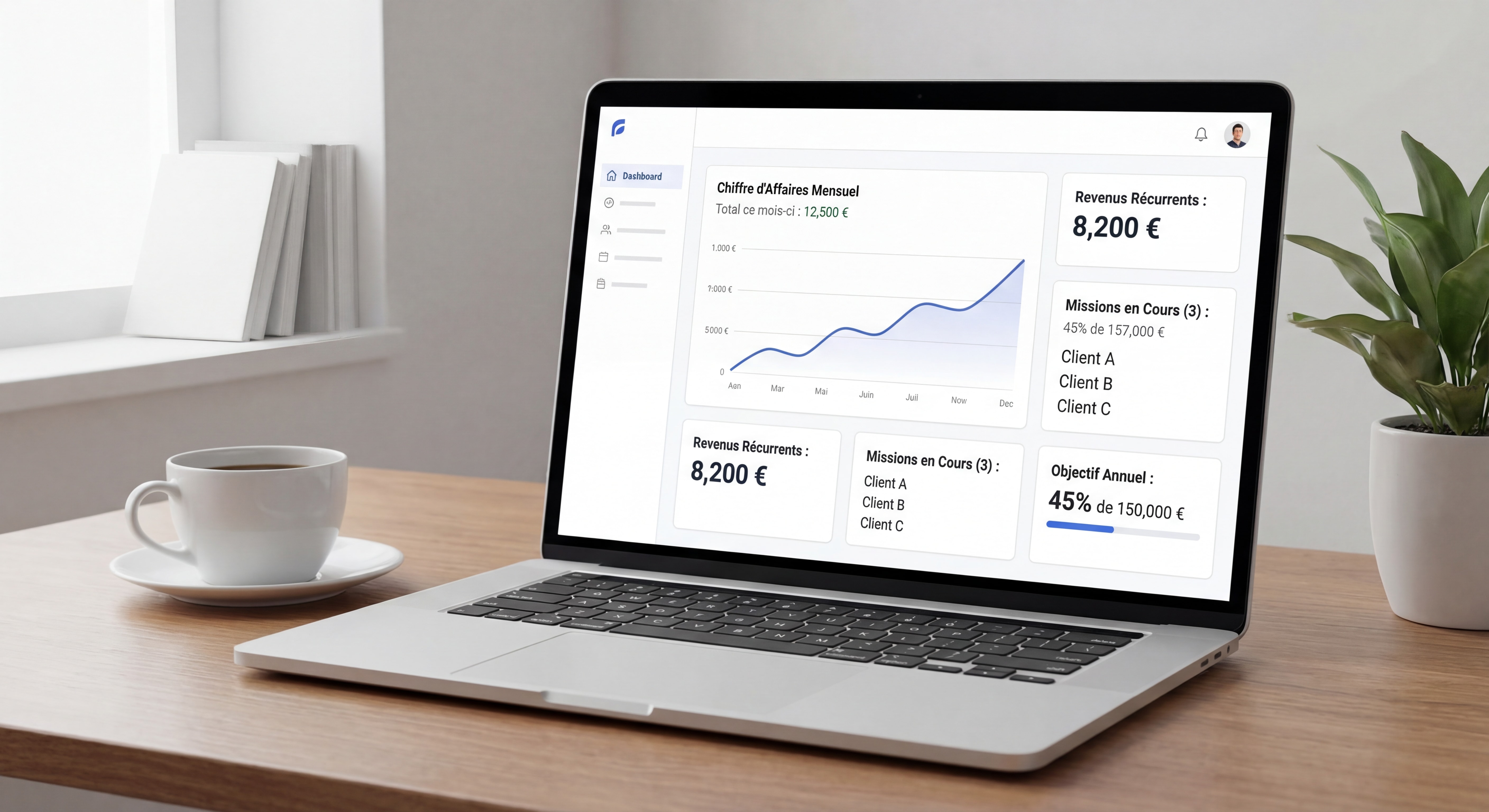 Mockup d'un dashboard de gestion freelance moderne montrant le suivi du chiffre d'affaires mensuel, les revenus récurrents, les missions en cours et les objectifs annuels, interface épurée et données inspirantes