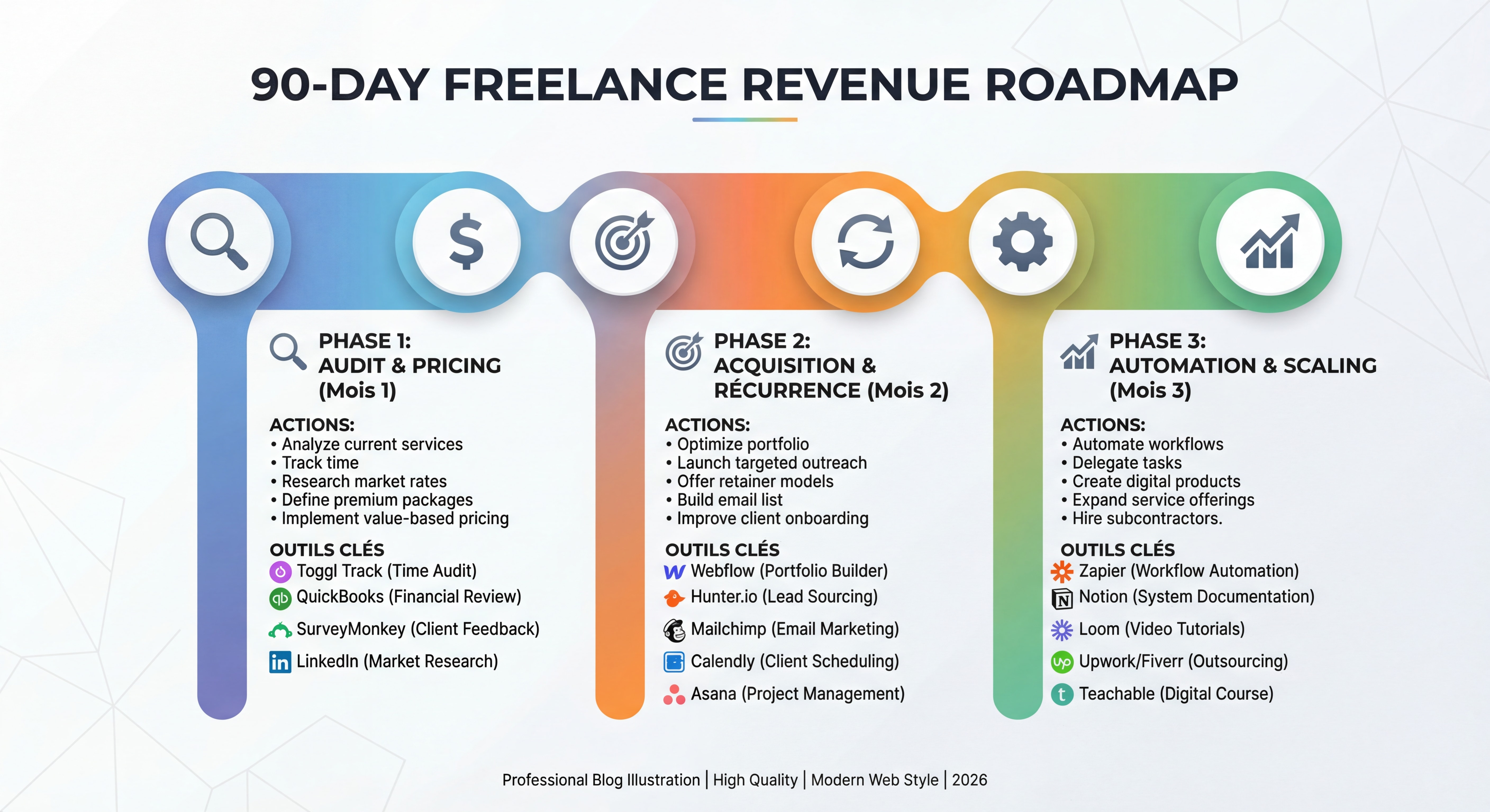 Infographie roadmap 90 jours pour augmenter son CA freelance, timeline visuelle avec les 3 phases : Audit & Pricing (Mois 1), Acquisition & Récurrence (Mois 2), Automation & Scaling (Mois 3), avec outils clés associés à chaque étape