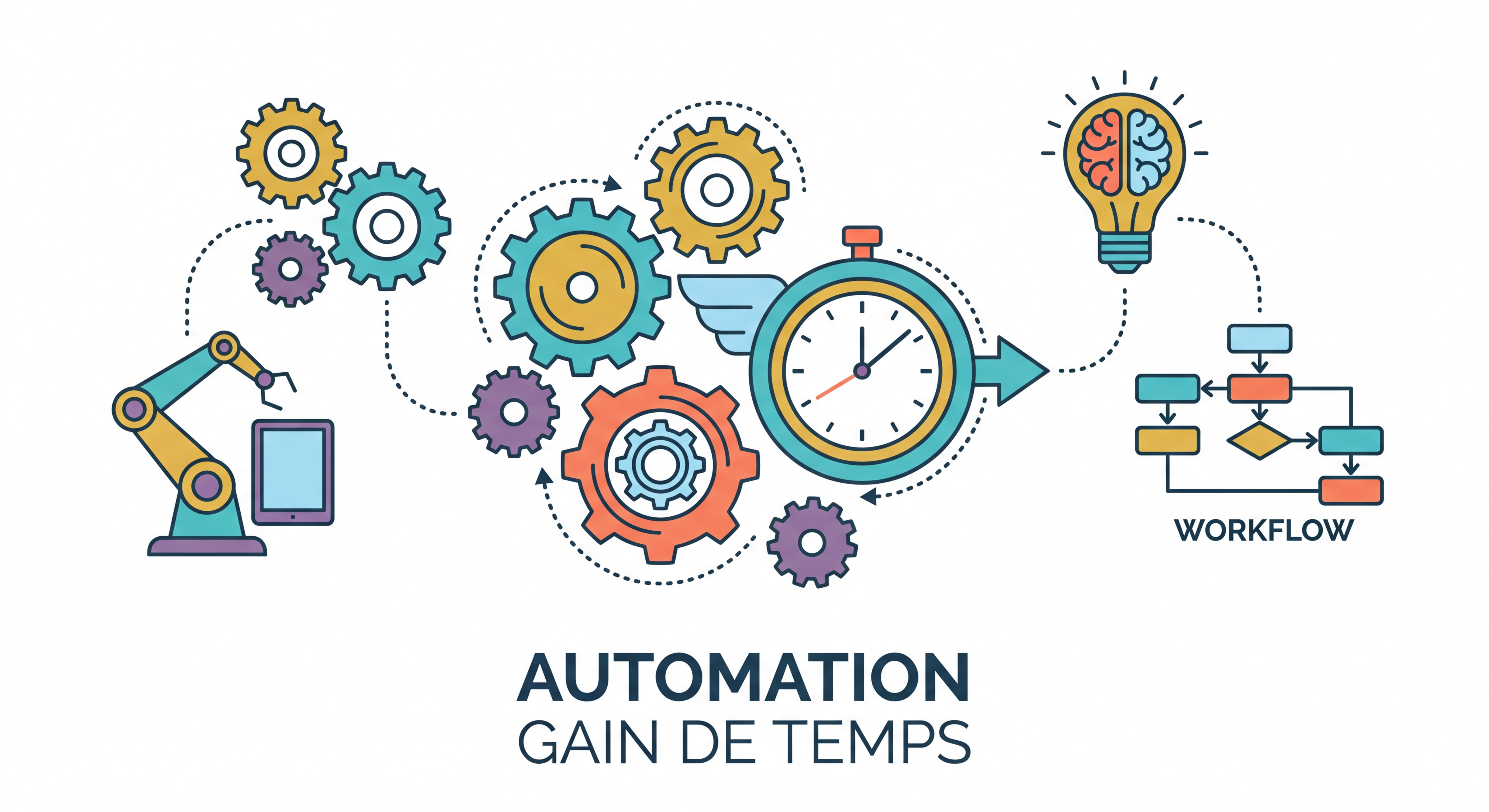 Illustration flat design moderne représentant l'automation et le gain de temps — engrenages connectés, horloge, outils IA et workflows automatisés, couleurs vives et épurées