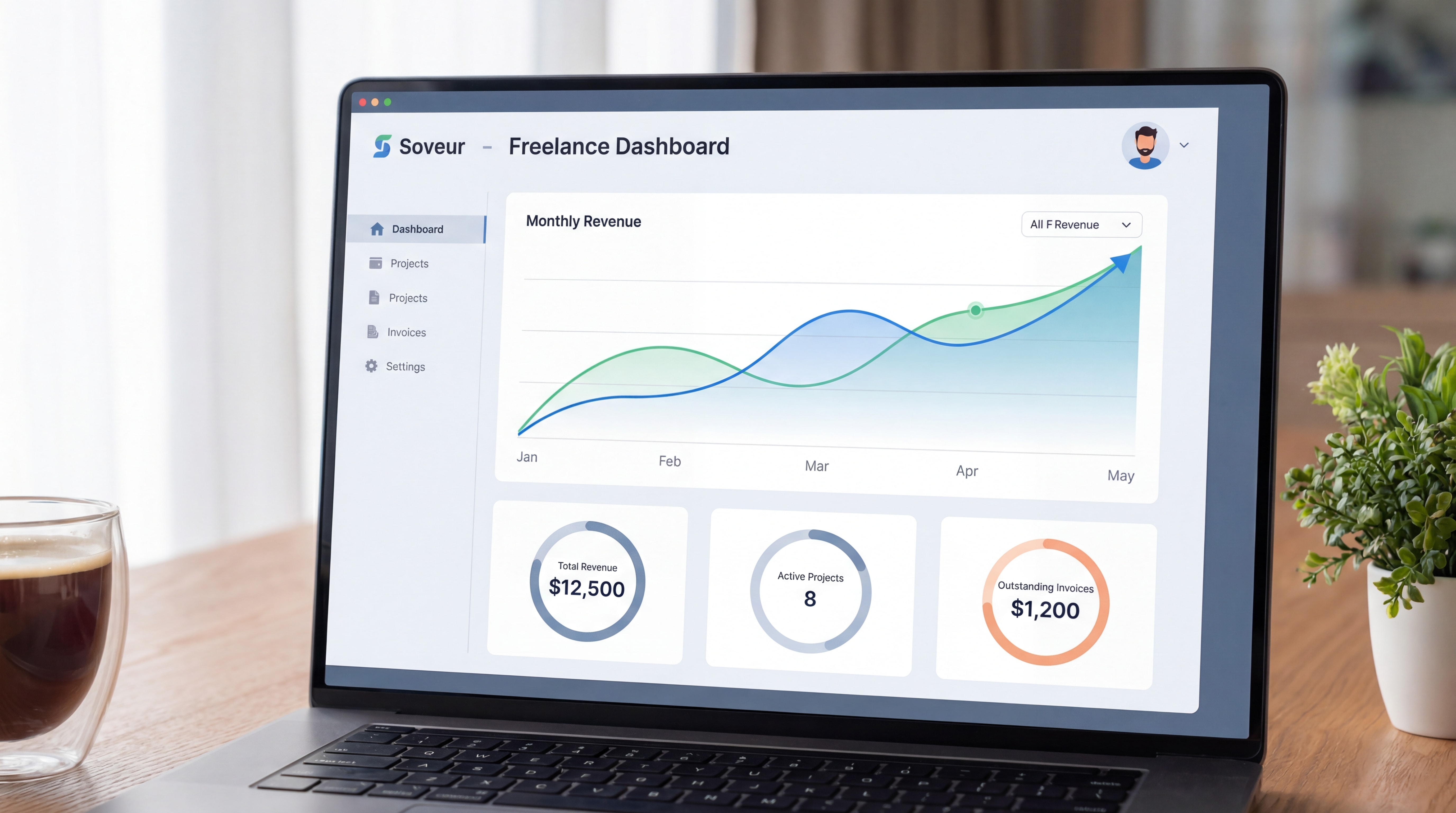 Dashboard d'outil de gestion freelance moderne type Soveur montrant le suivi du chiffre d'affaires mensuel, interface épurée avec courbes de progression et indicateurs clés
