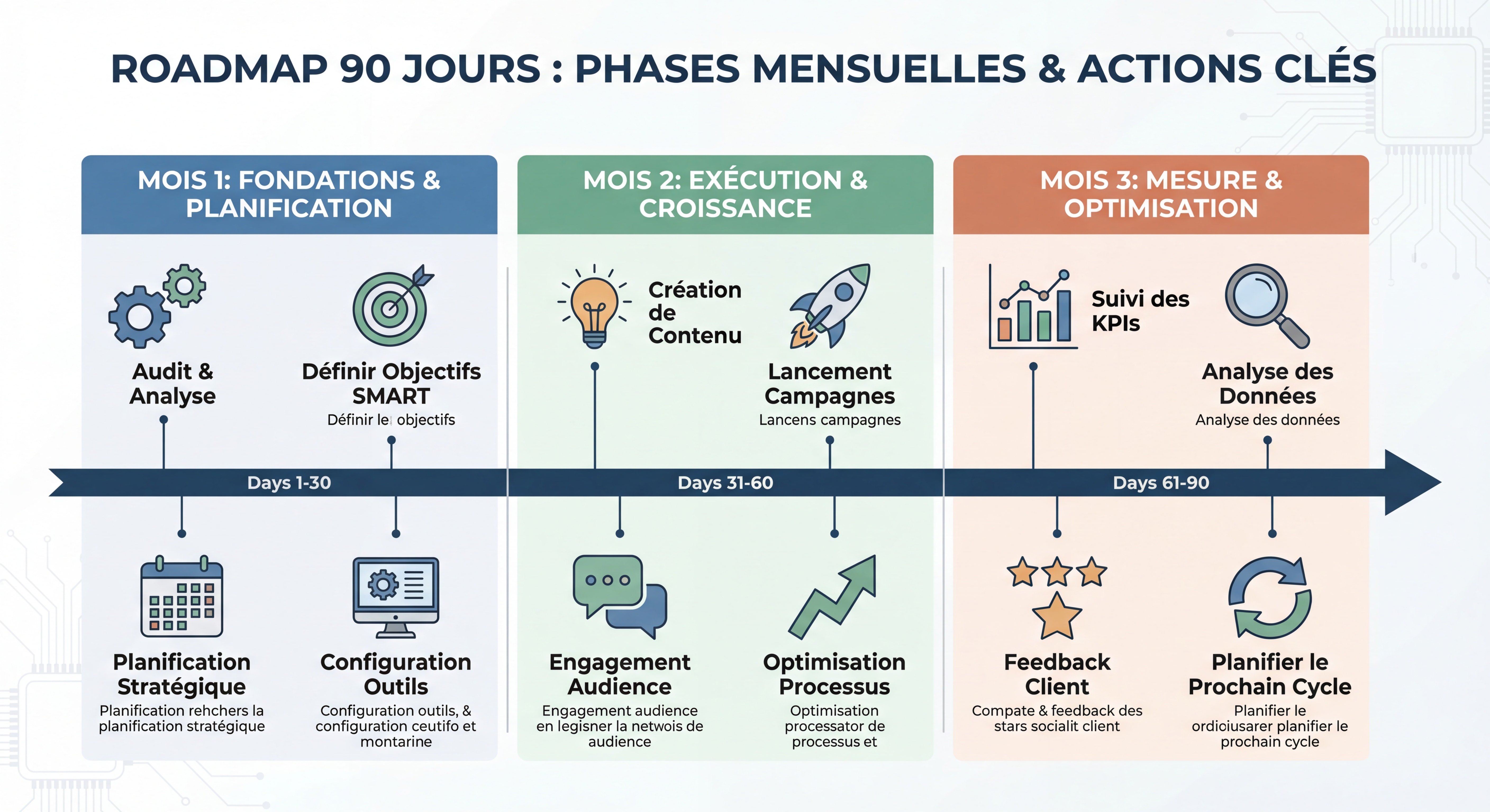 Infographie roadmap 90 jours en timeline visuelle avec les 3 phases mensuelles et leurs actions clés, style schéma épuré et actionnable