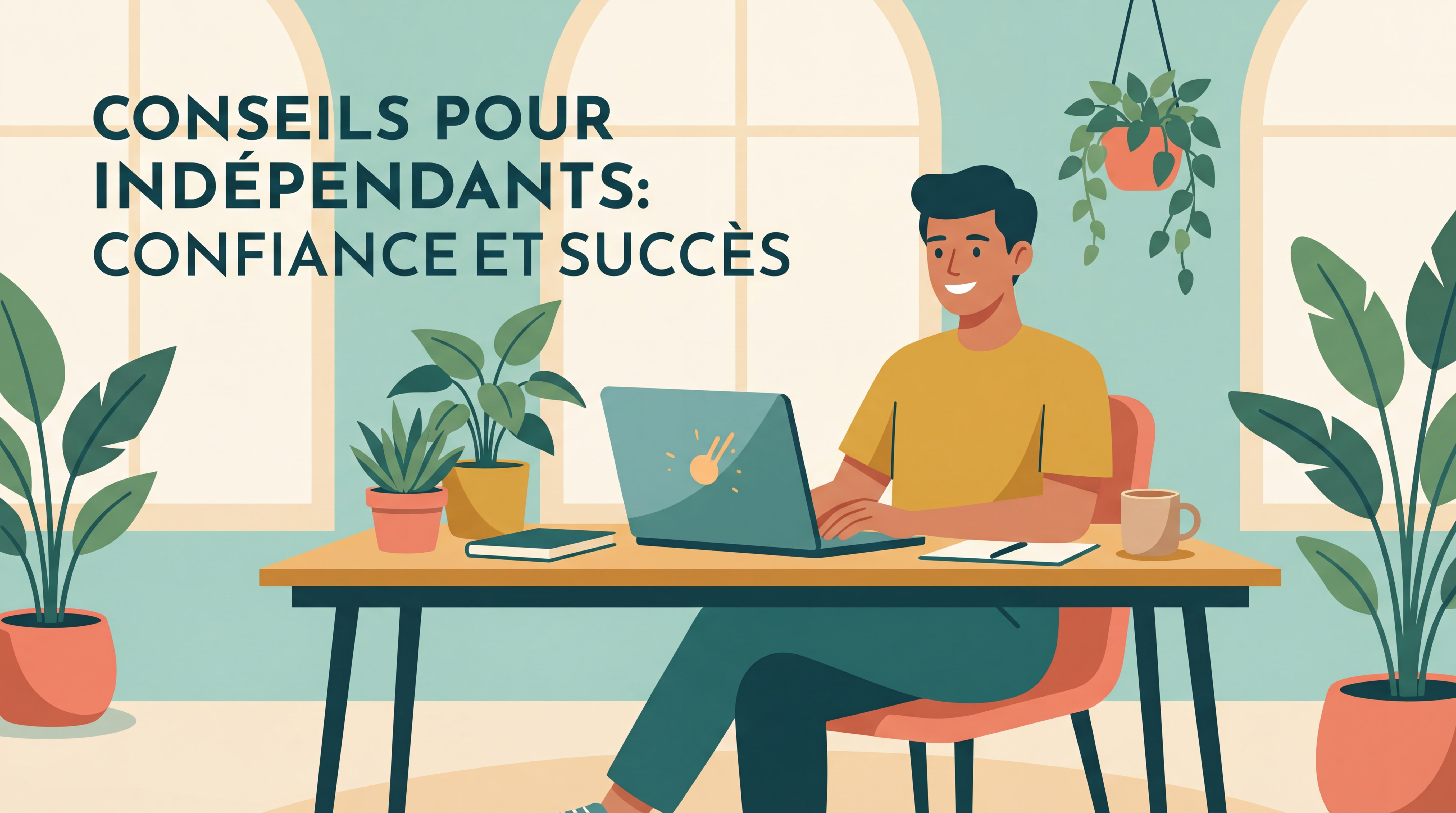 Indépendant(e) confiant(e) souriant devant un laptop dans un espace de travail moderne et lumineux, posture assurée, bureau épuré avec plantes vertes