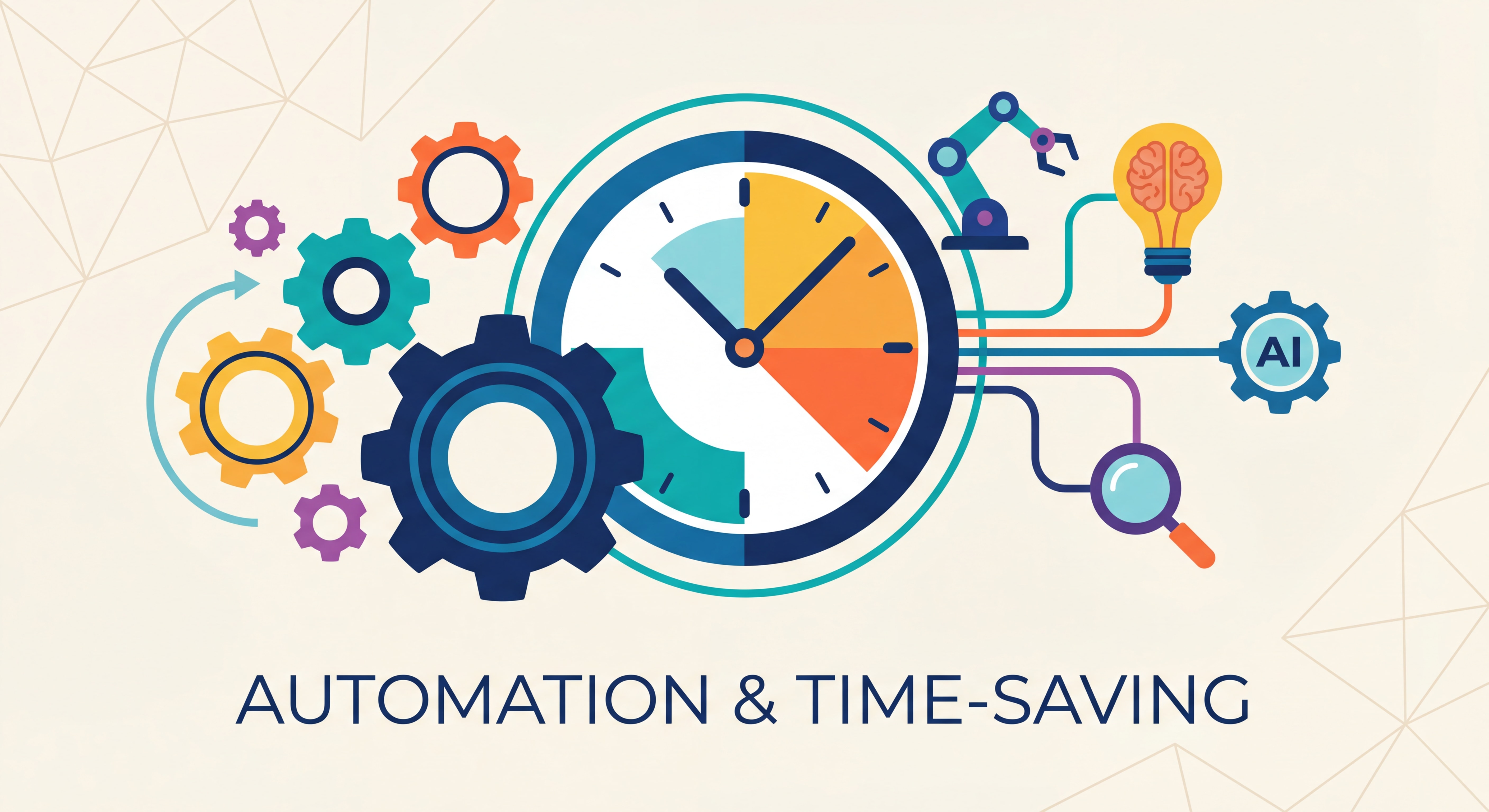 Illustration flat design moderne représentant l'automation et le gain de temps : engrenages, horloge, outils IA connectés, palette de couleurs vives et professionnelles