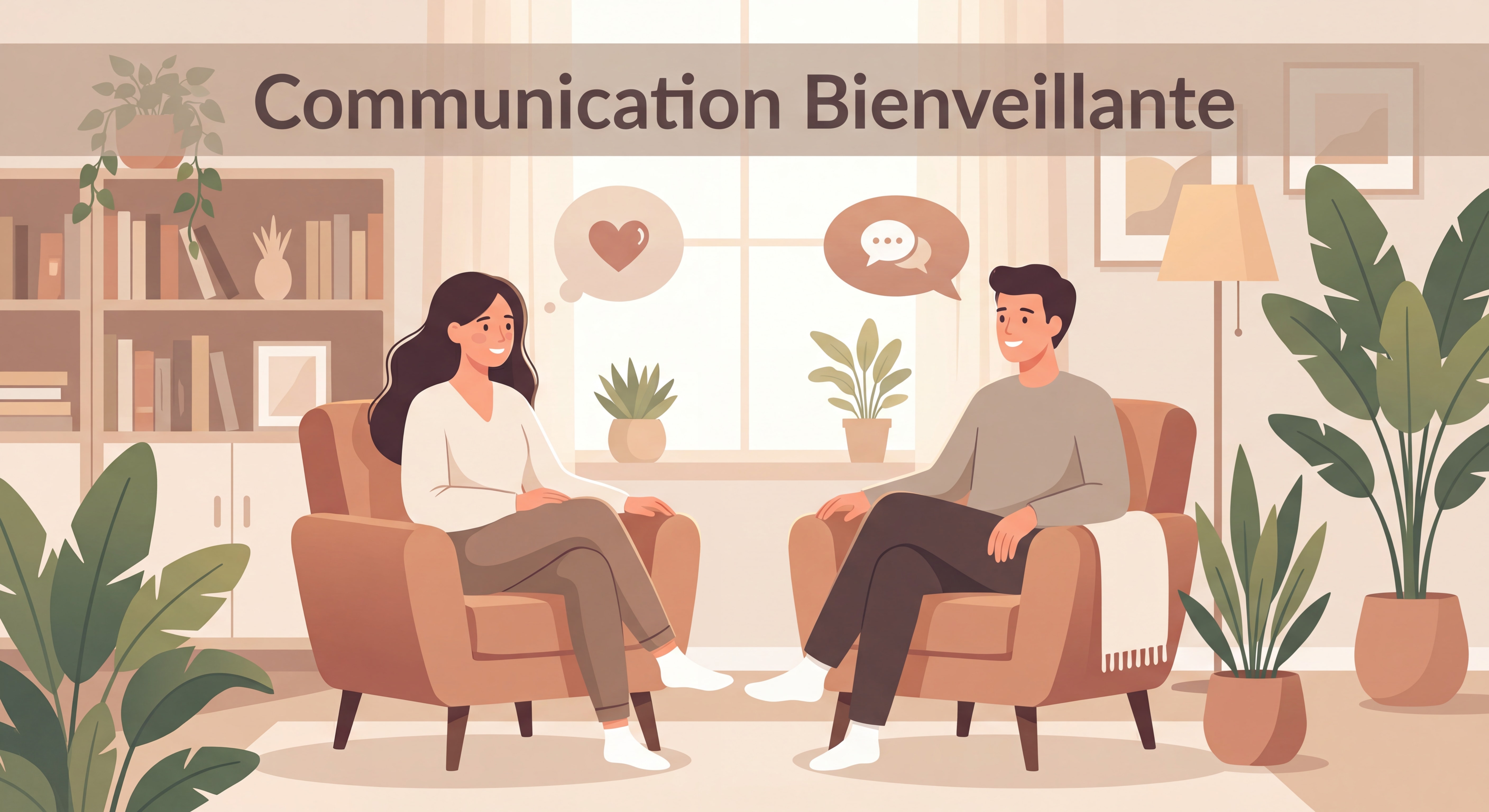 Couple assis face à face dans un espace chaleureux, en conversation apaisée, symbolisant la communication bienveillante dans la relation amoureuse