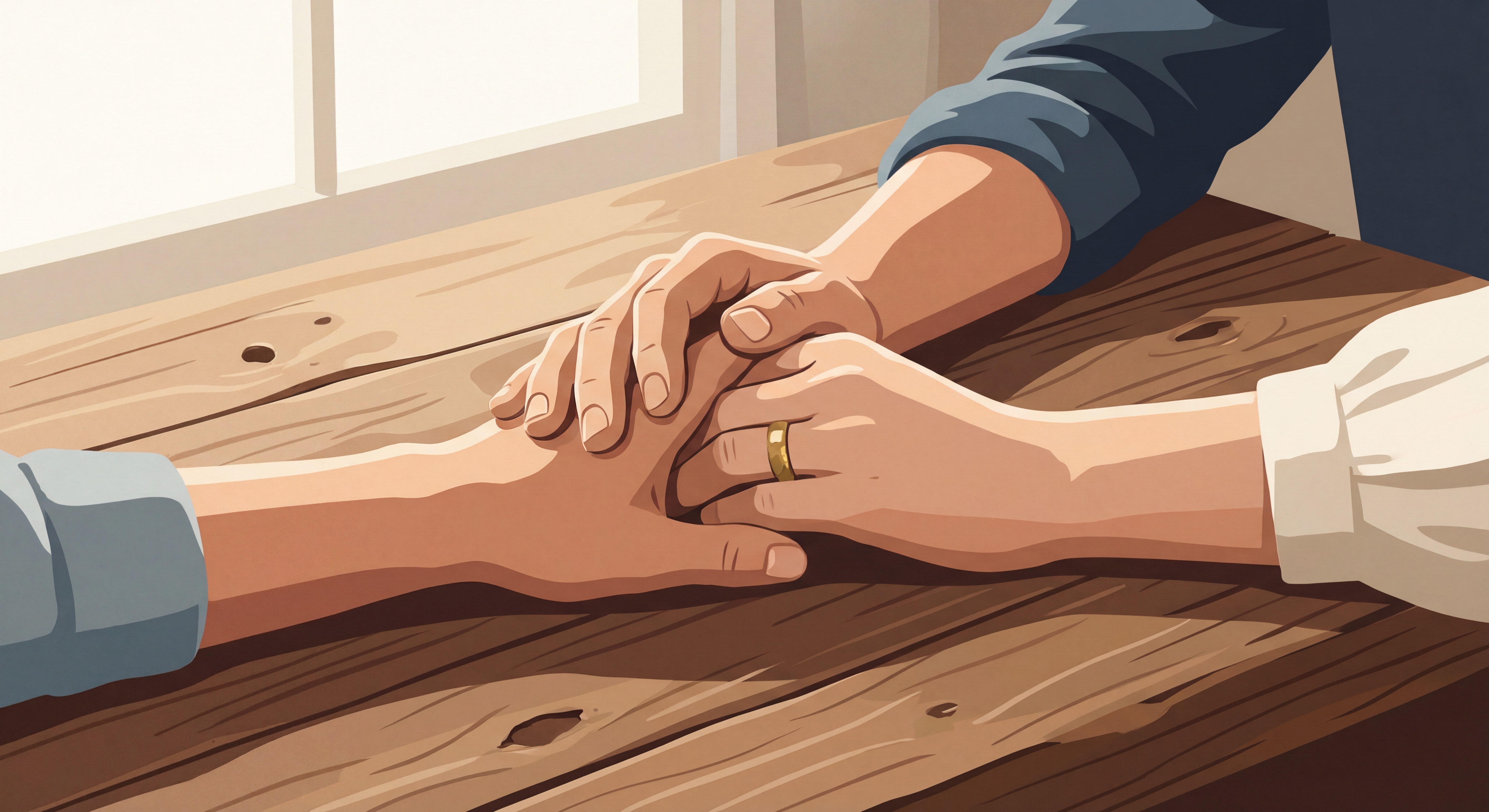 Deux mains entrelacées sur une table en bois, symbolisant la reconnexion et la reconstruction du lien amoureux après une crise de couple