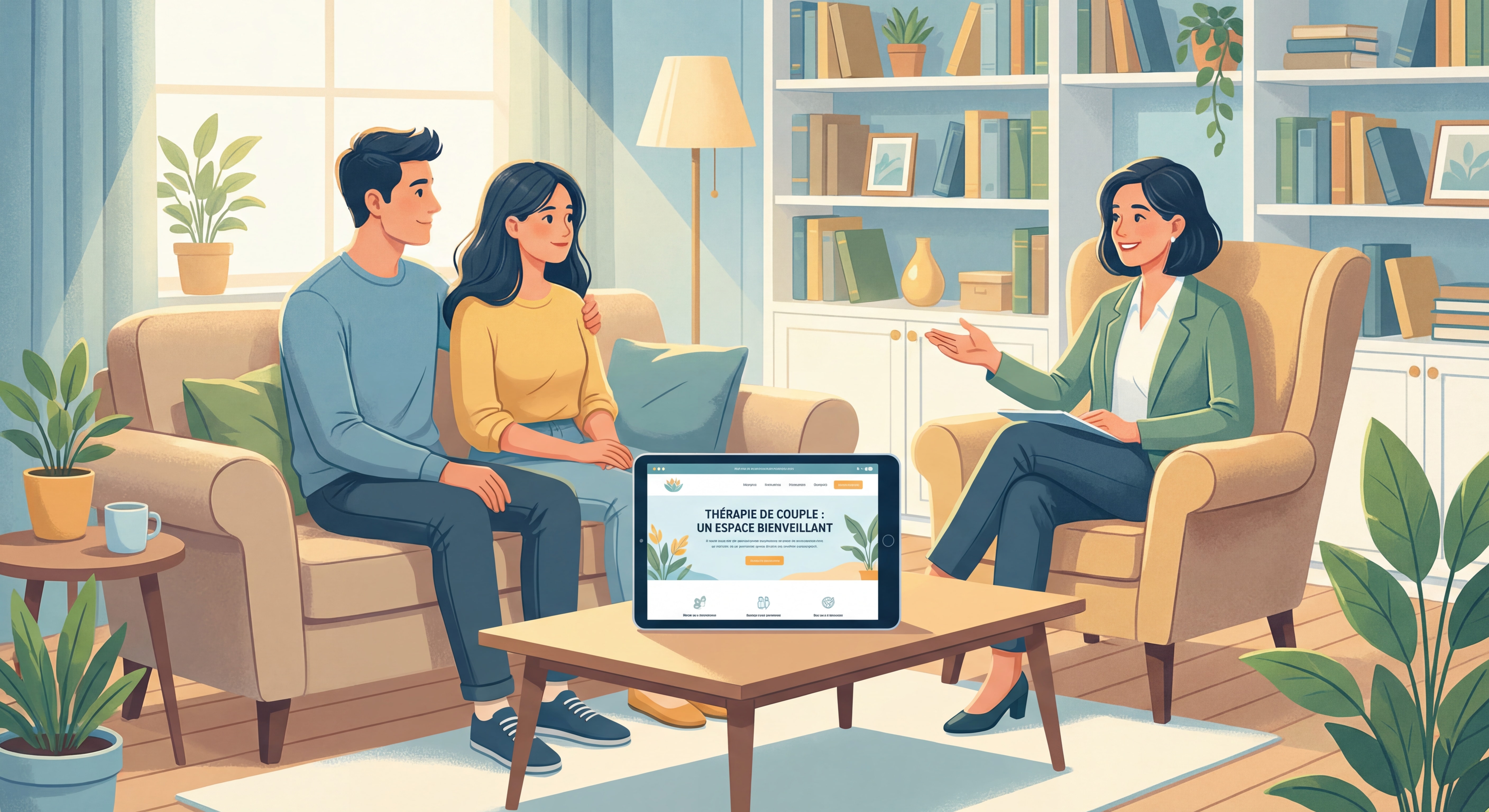 Couple en séance de thérapie conjugale avec un thérapeute bienveillant, dans un cadre chaleureux et rassurant