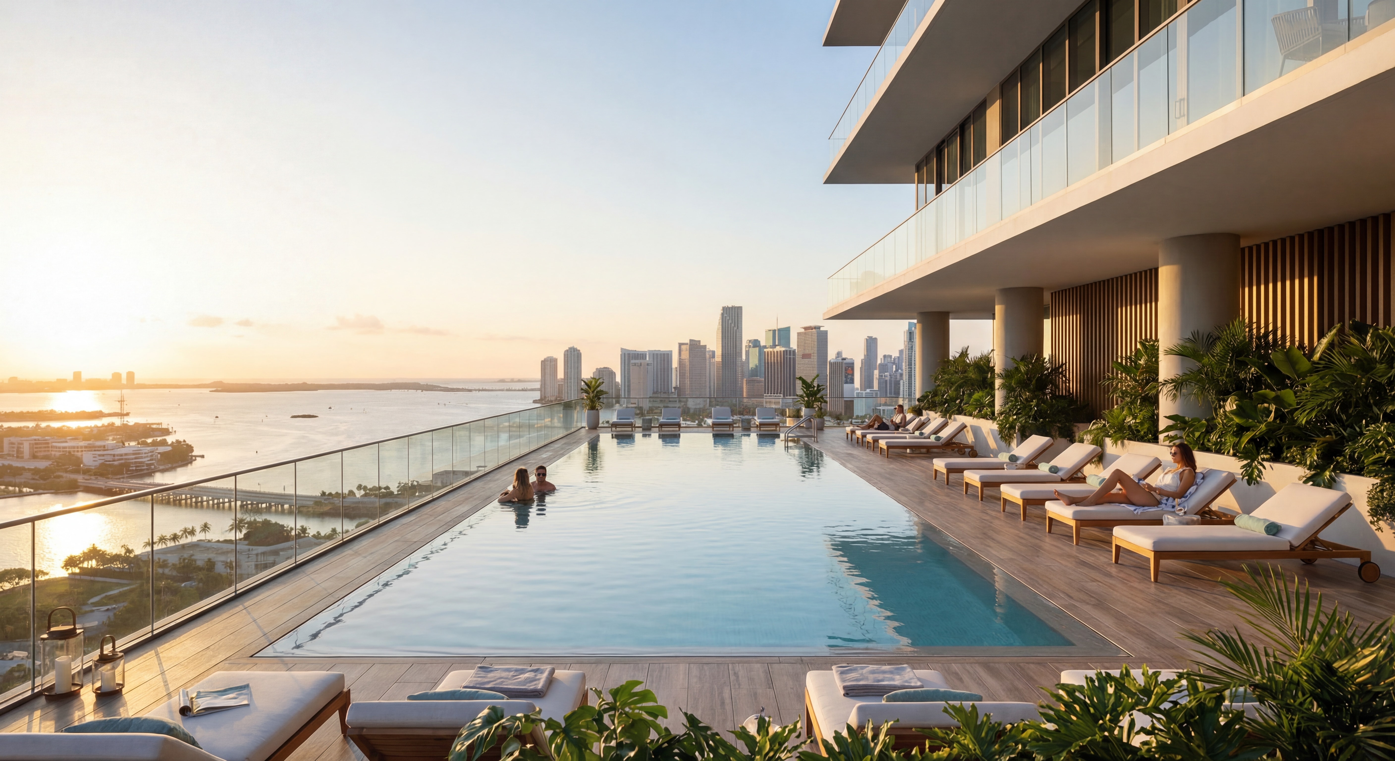 Luxury rooftop pool with panoramic views of Miami's skyline and Biscayne Bay at golden hour