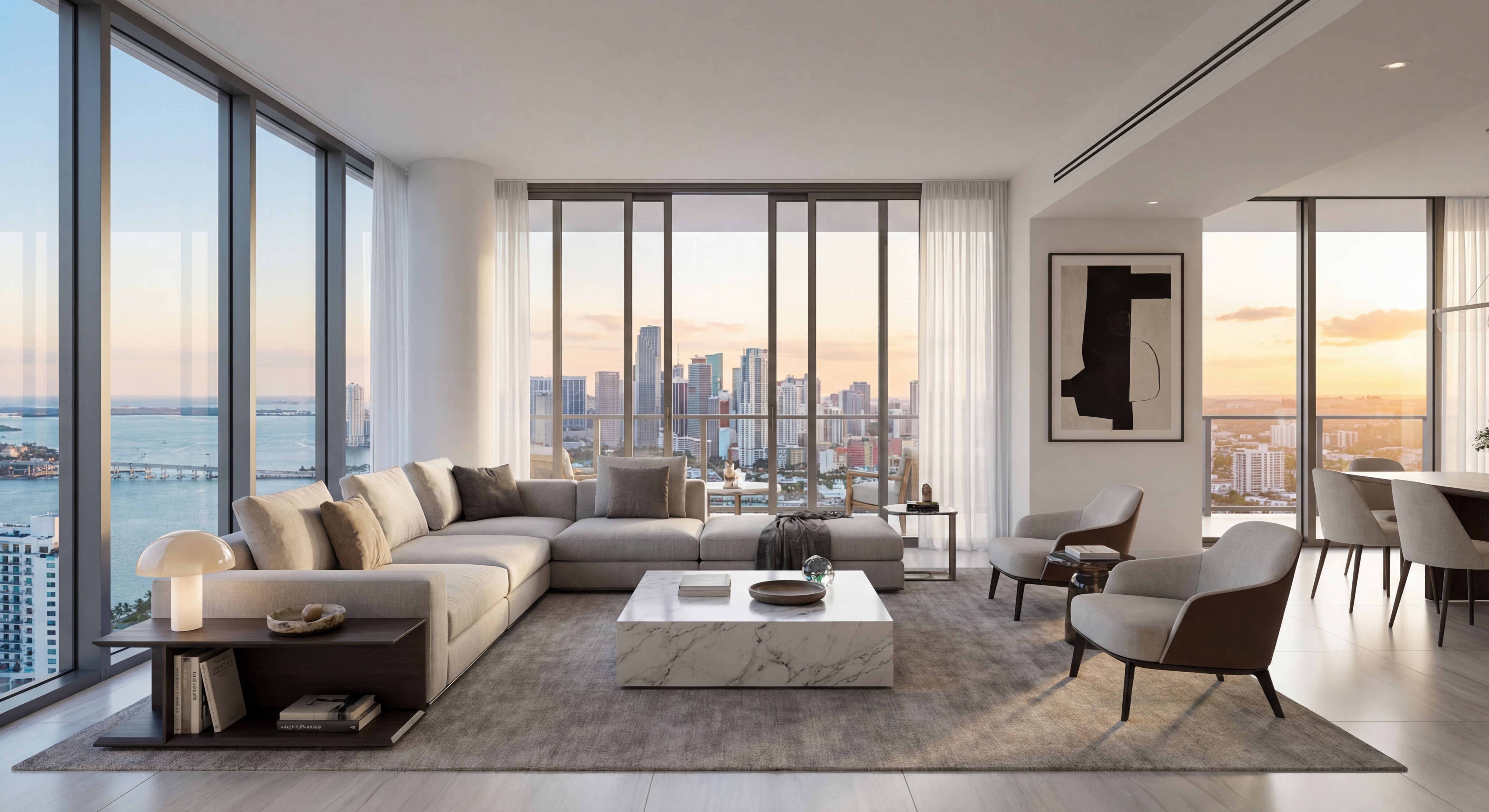 Modern luxury Brickell condo interior with floor-to-ceiling windows overlooking Miami's financial district skyline