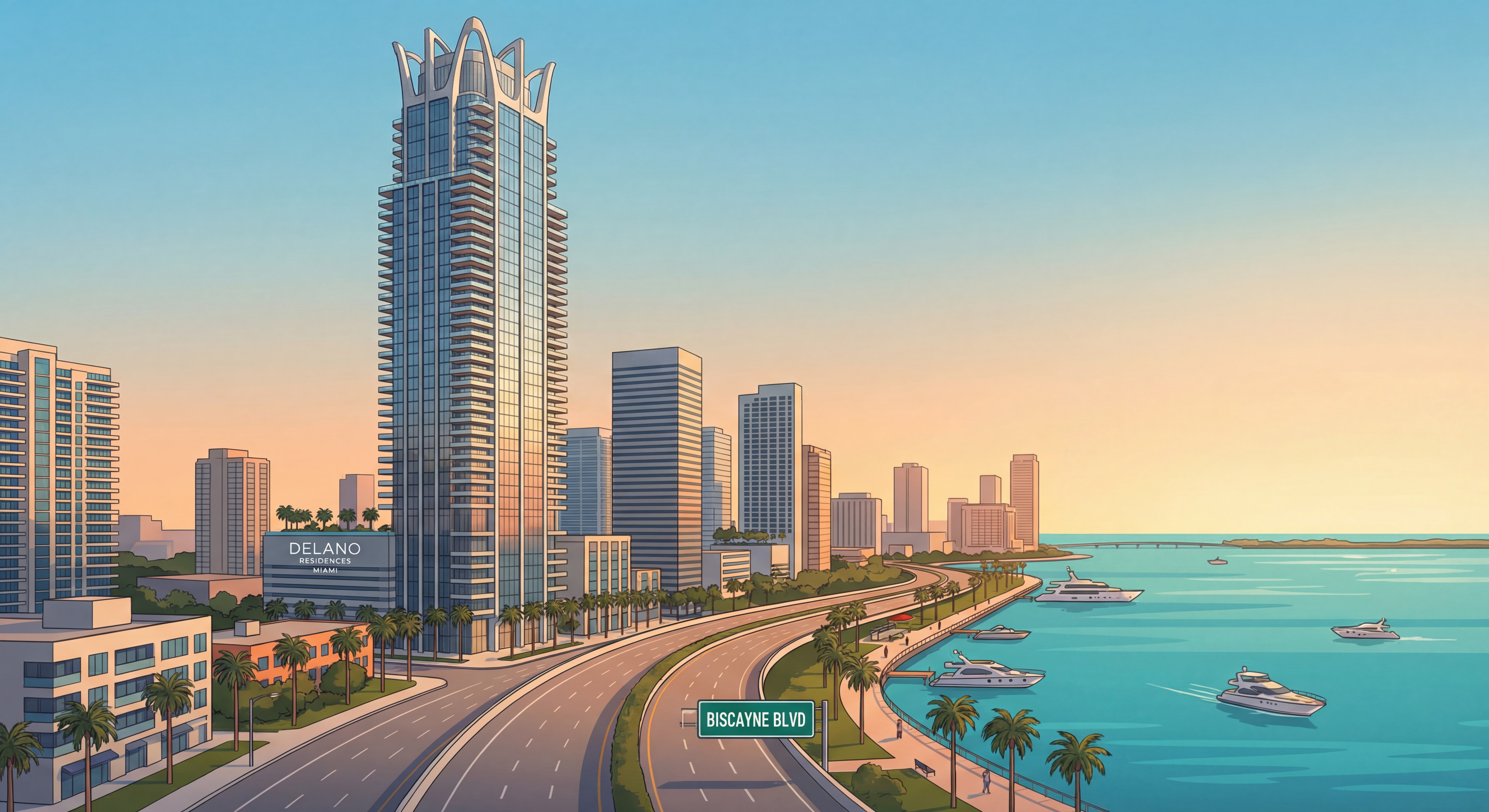 Rendering of the Delano Residences Miami 90-story supertall tower rising over Downtown Miami's Biscayne Boulevard waterfront