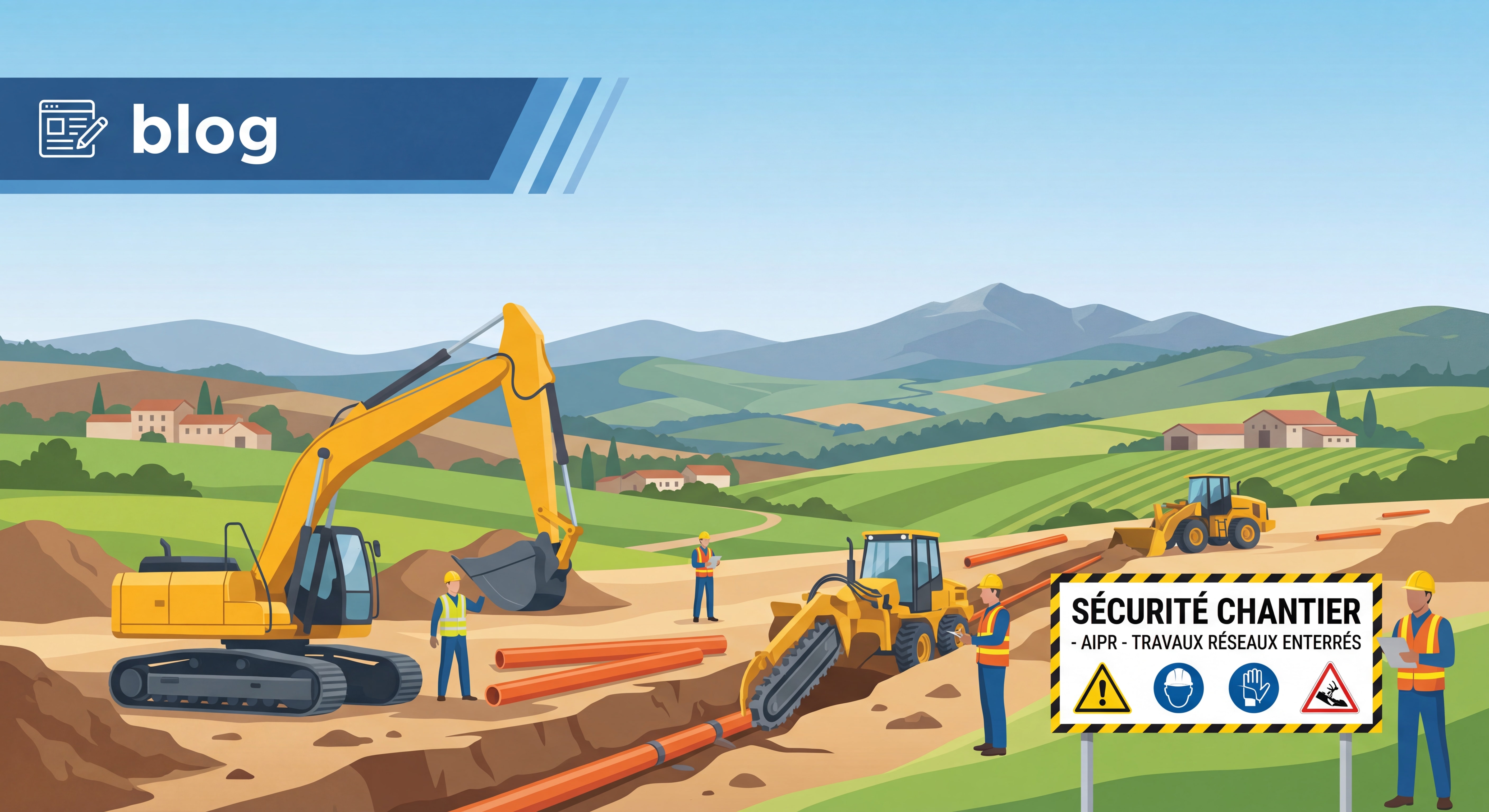 Chantier BTP avec travaux de terrassement et réseaux enterrés en Auvergne-Rhône-Alpes, sécurité chantier AIPR