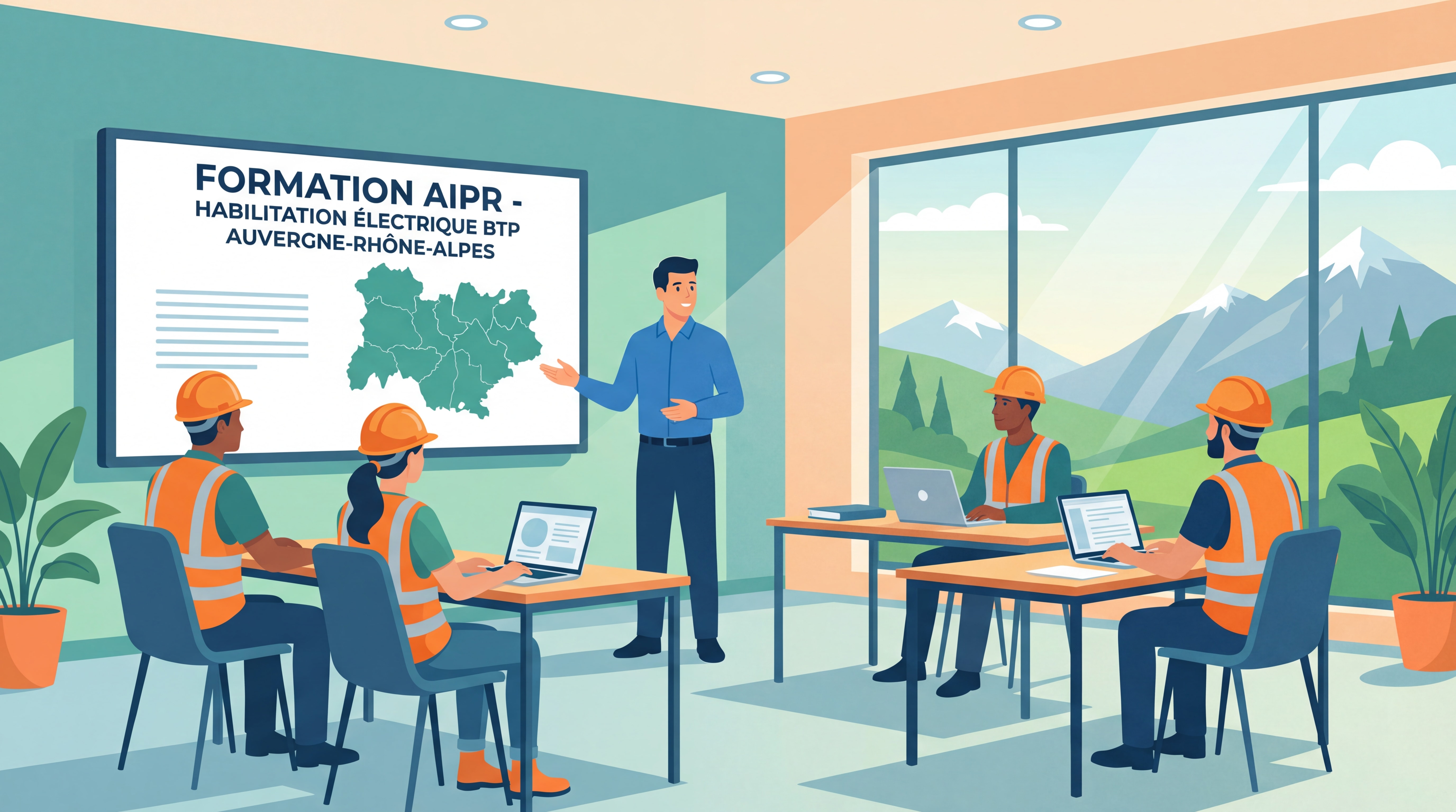 Salle de formation sécurité BTP avec formateur et stagiaires en Auvergne-Rhône-Alpes, formation AIPR habilitation électrique