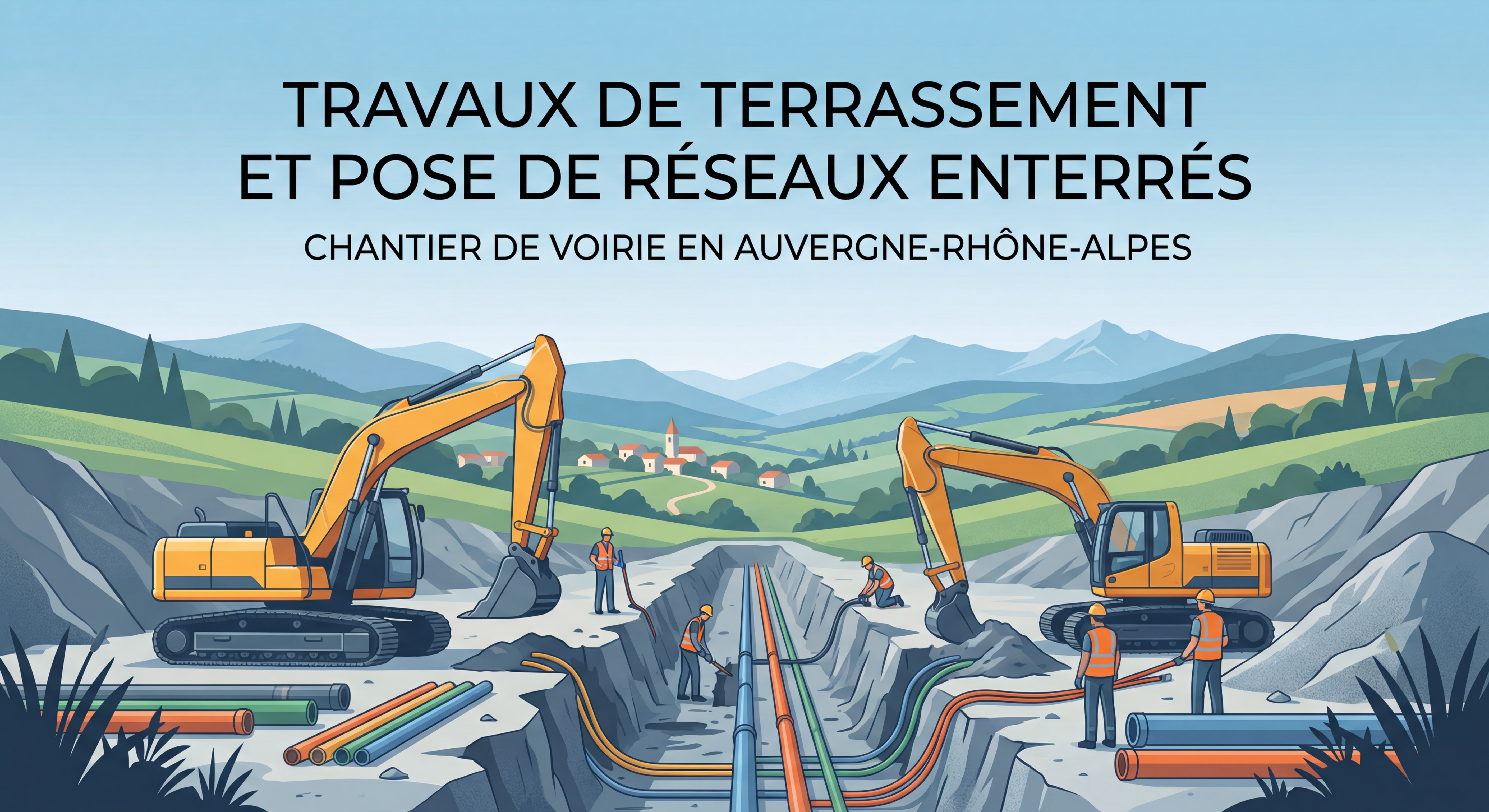 Travaux de terrassement et pose de réseaux enterrés en tranchée, chantier de voirie en Auvergne-Rhône-Alpes
