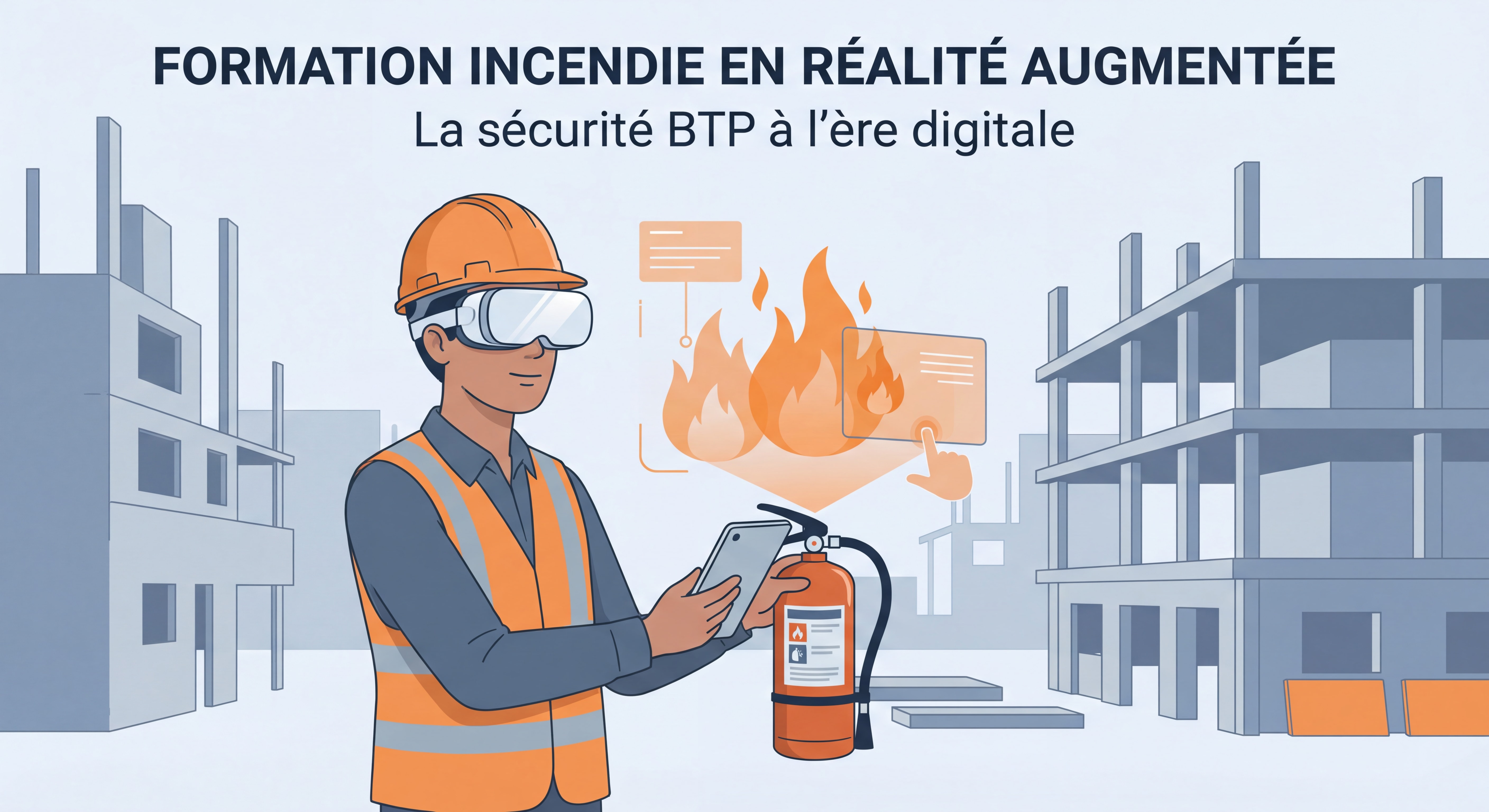 Formation incendie en réalité augmentée - stagiaire BTP manipulant un extincteur connecté avec casque AR sur chantier