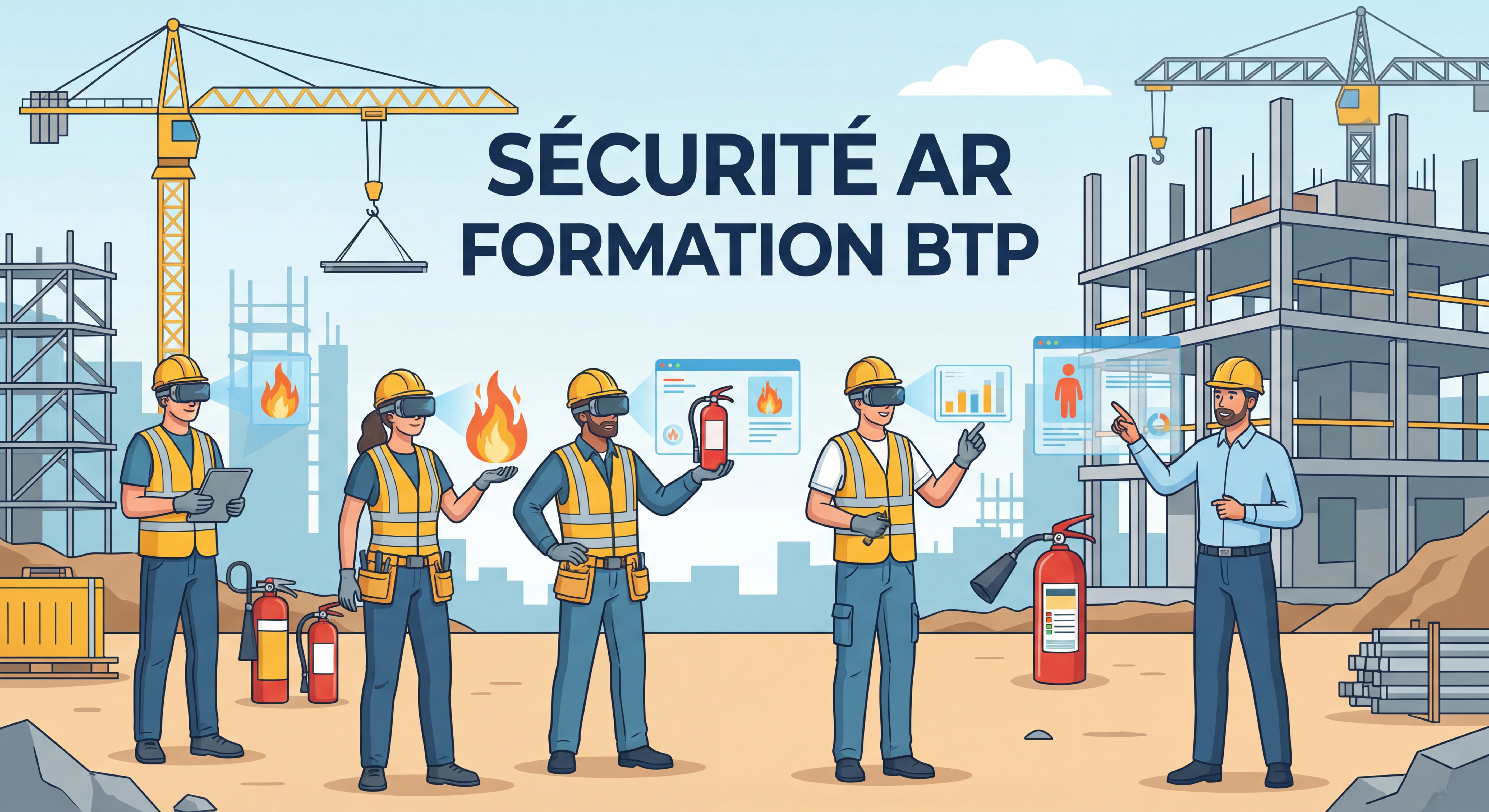 Équipe de professionnels BTP en formation incendie réalité augmentée sur chantier, avec casques de protection et équipements de travail