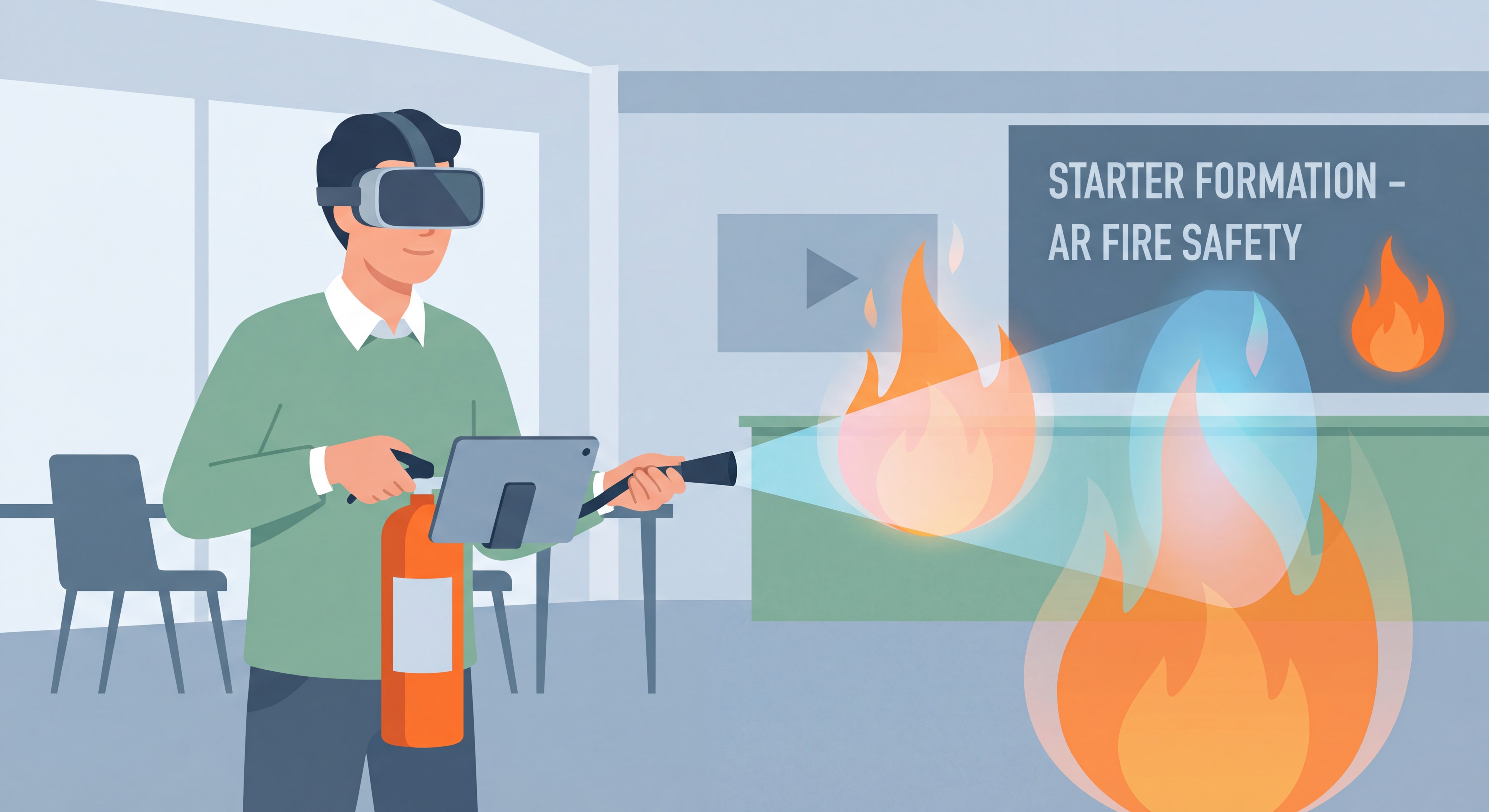 Stagiaire utilisant un extincteur augmenté connecté avec superposition de flammes virtuelles en réalité augmentée lors d'une formation Starter Formation