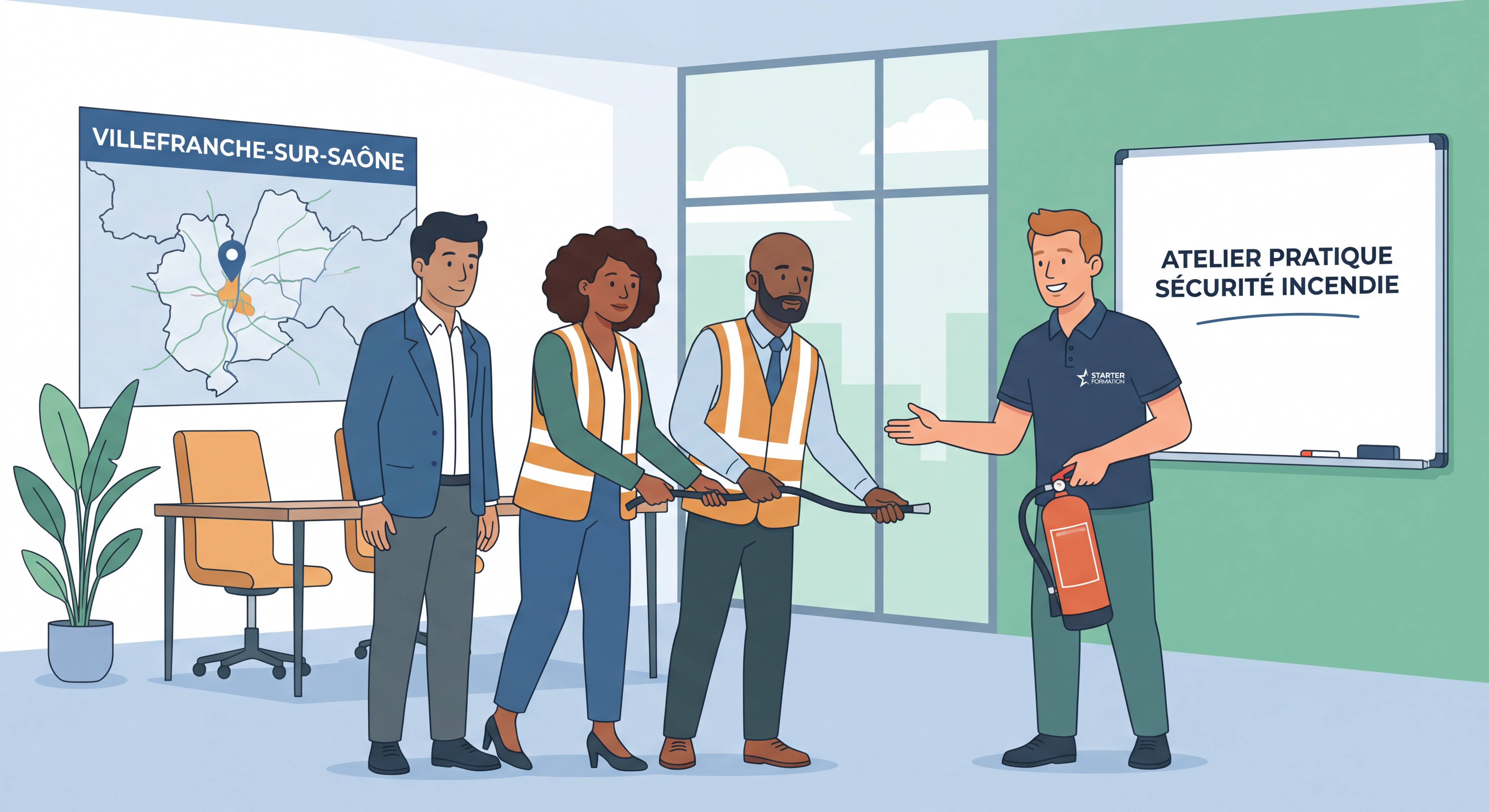 Formateur Starter Formation animant un atelier pratique sécurité incendie avec des salariés d'entreprise à Villefranche-sur-Saône