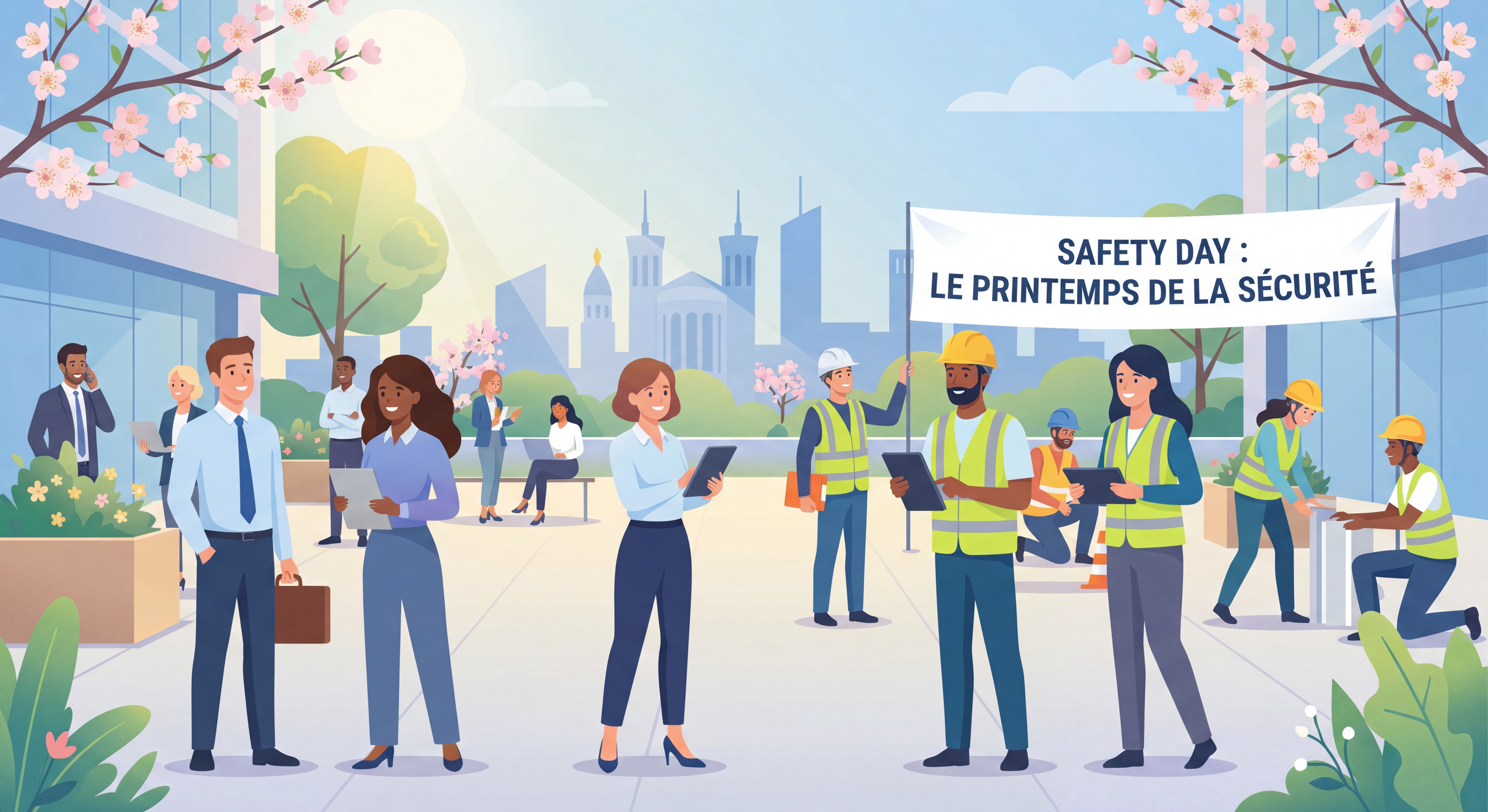 Équipe de salariés en entreprise participant à un Safety Day au printemps, avec formateurs en sécurité au travail à Lyon