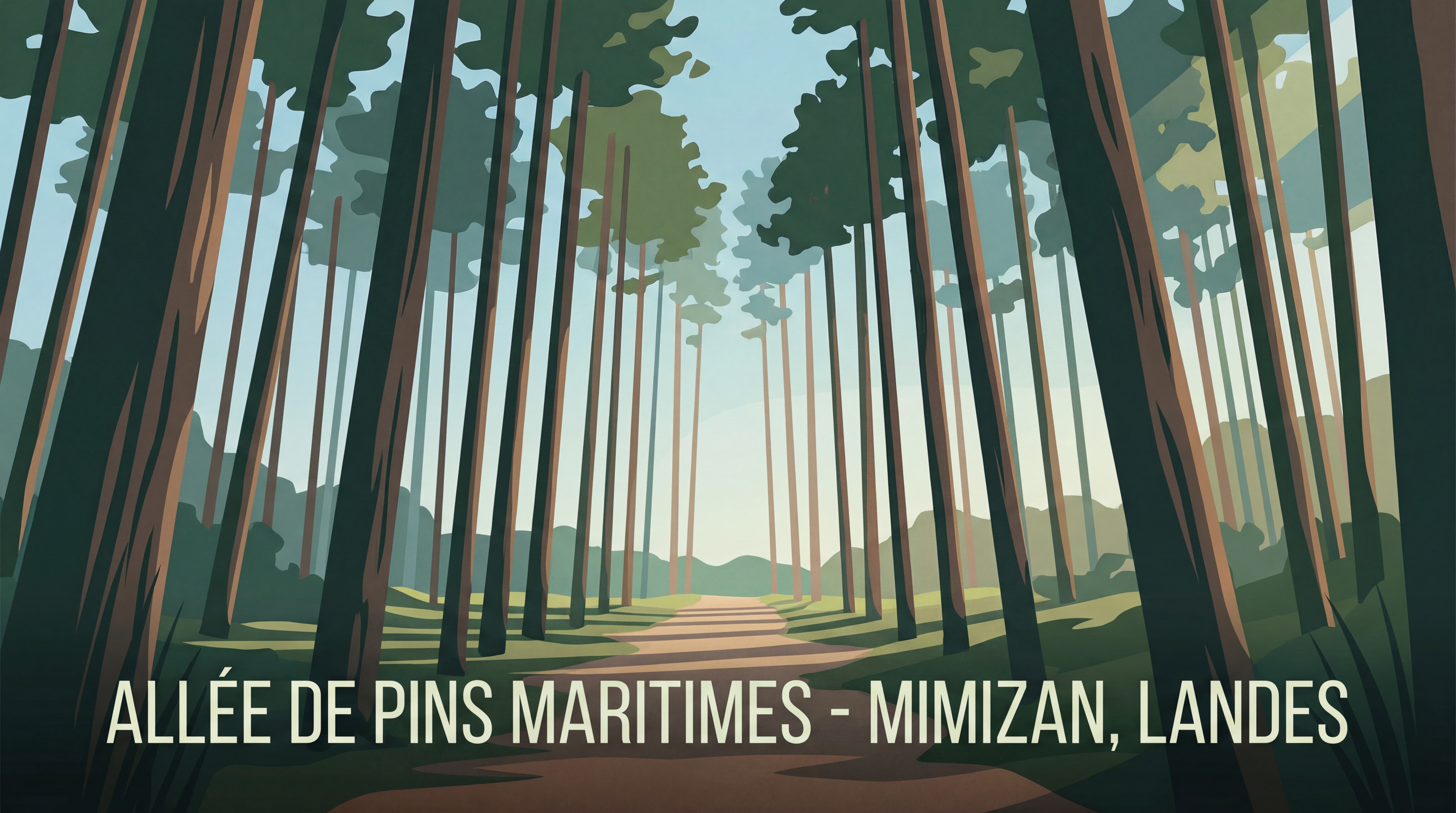 Allée de pins maritimes dans la forêt landaise de Mimizan, Landes de Gascogne — vue en contre-plongée sur les hauts fûts droits