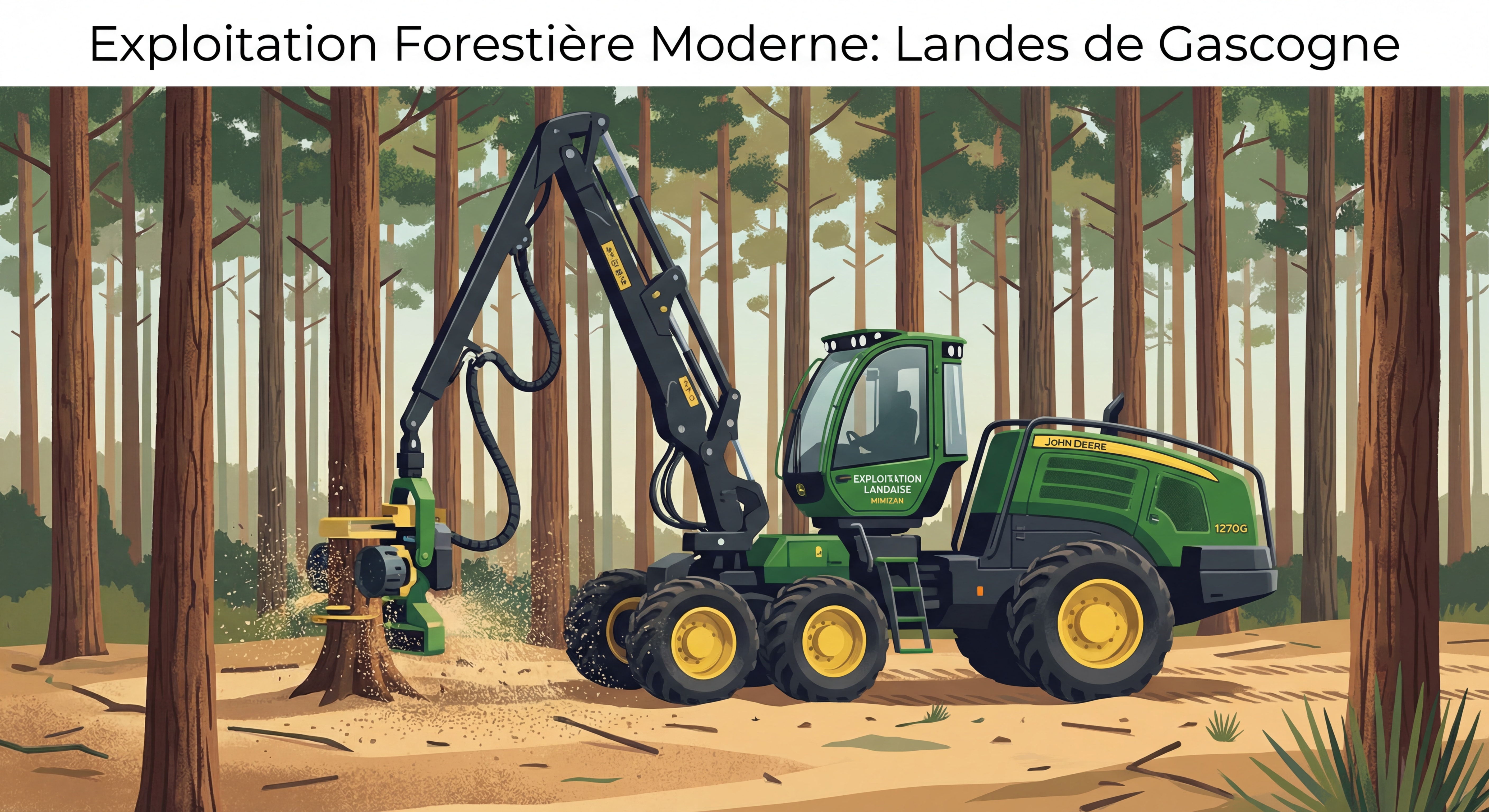 Exploitation forestière de pin maritime à Mimizan — abatteuse moderne en action dans la forêt landaise des Landes de Gascogne